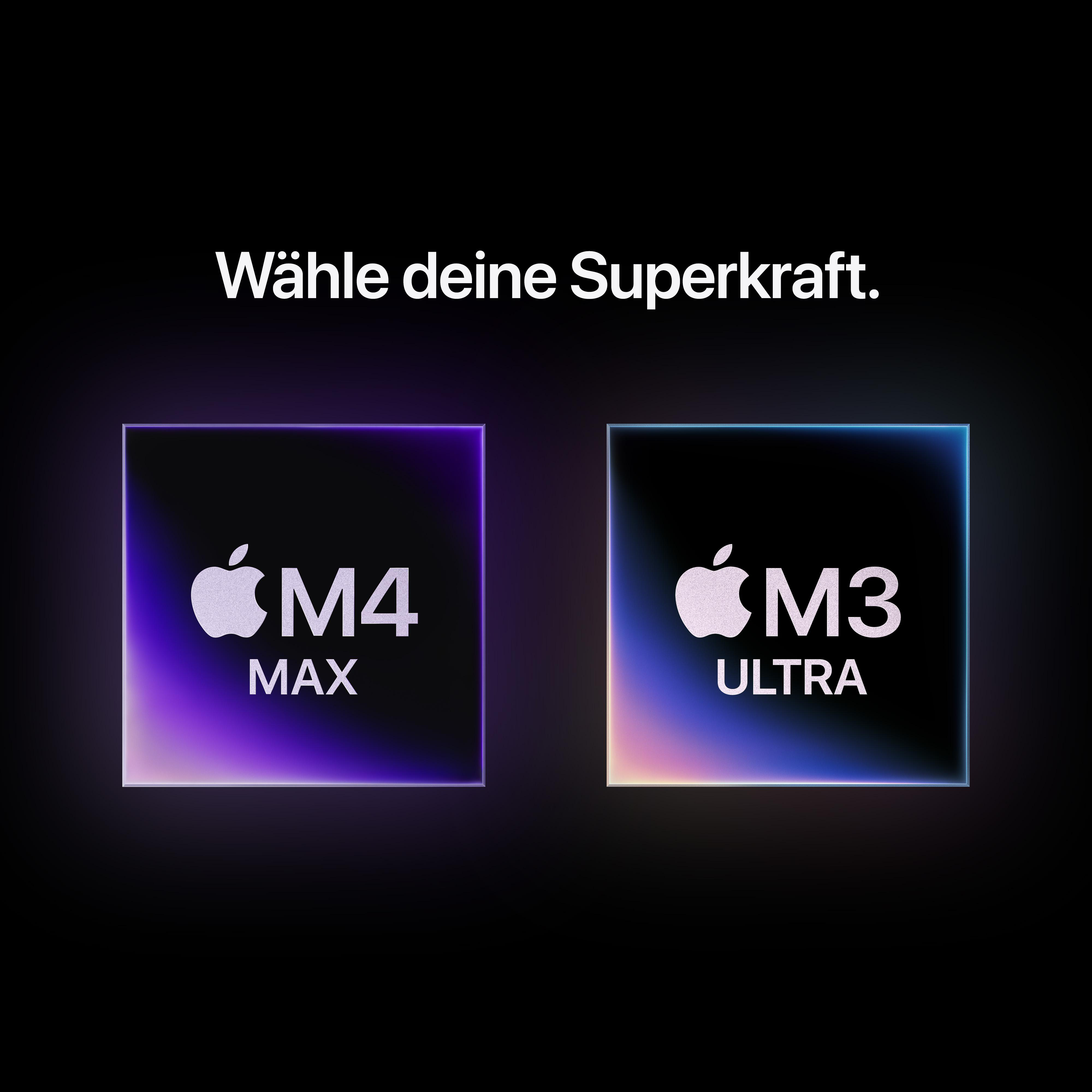 Zwei Quadrate mit Apple-Logo und Text 'M4 MAX' und 'M3 ULTRA' auf schwarzem Hintergrund.