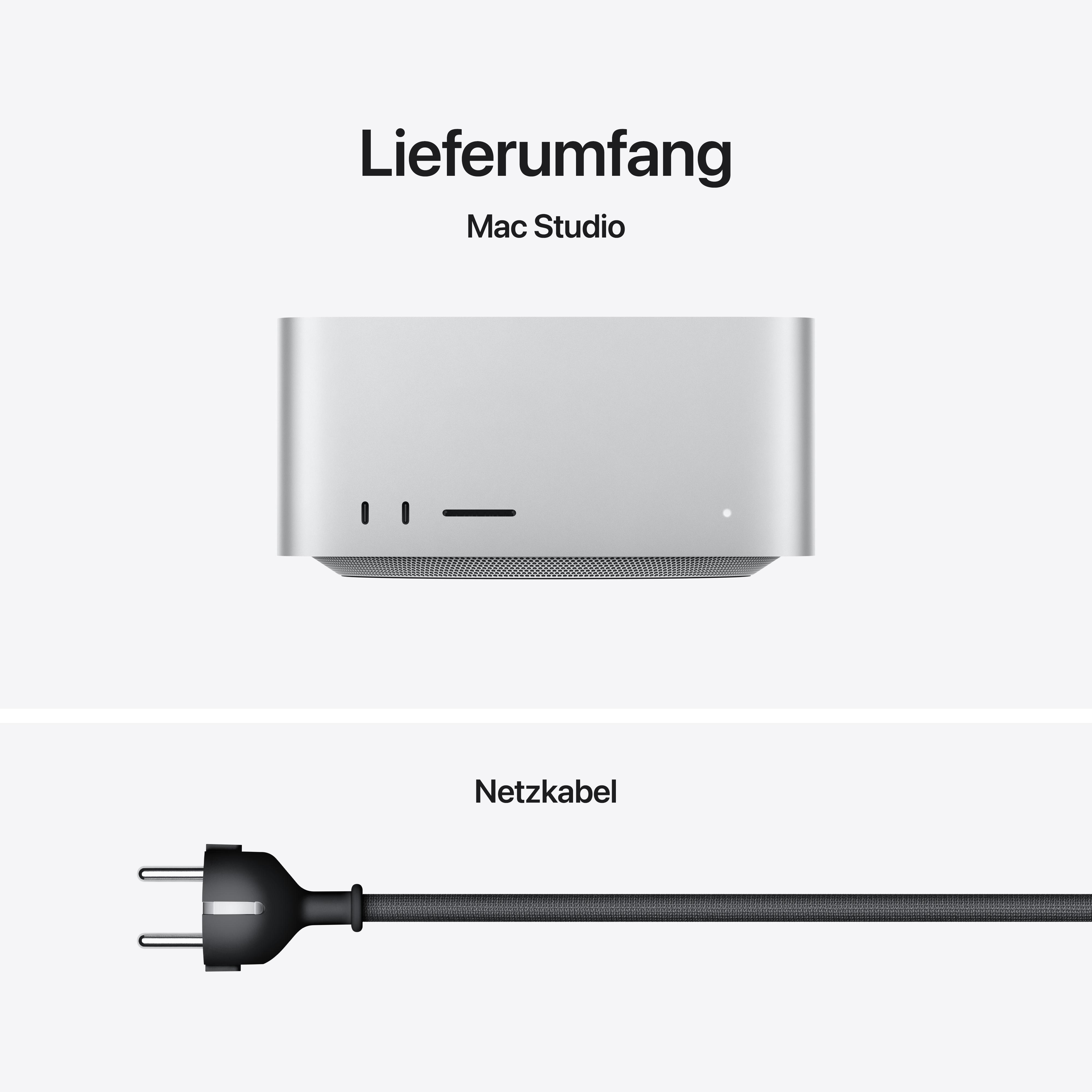Mac Studio mit Netzkabel, zeigt das Produkt und sein Zubehör.