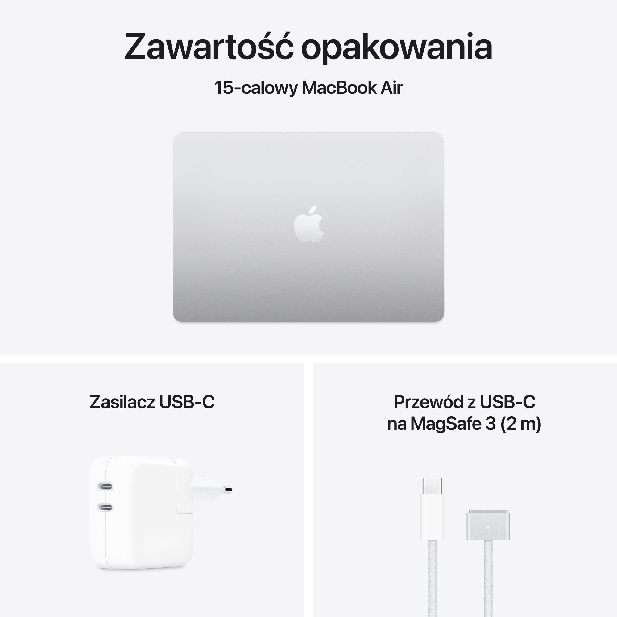 Biały MacBook Air, ładowarka USB-C i kabel USB-C do MagSafe 3 na białym tle.