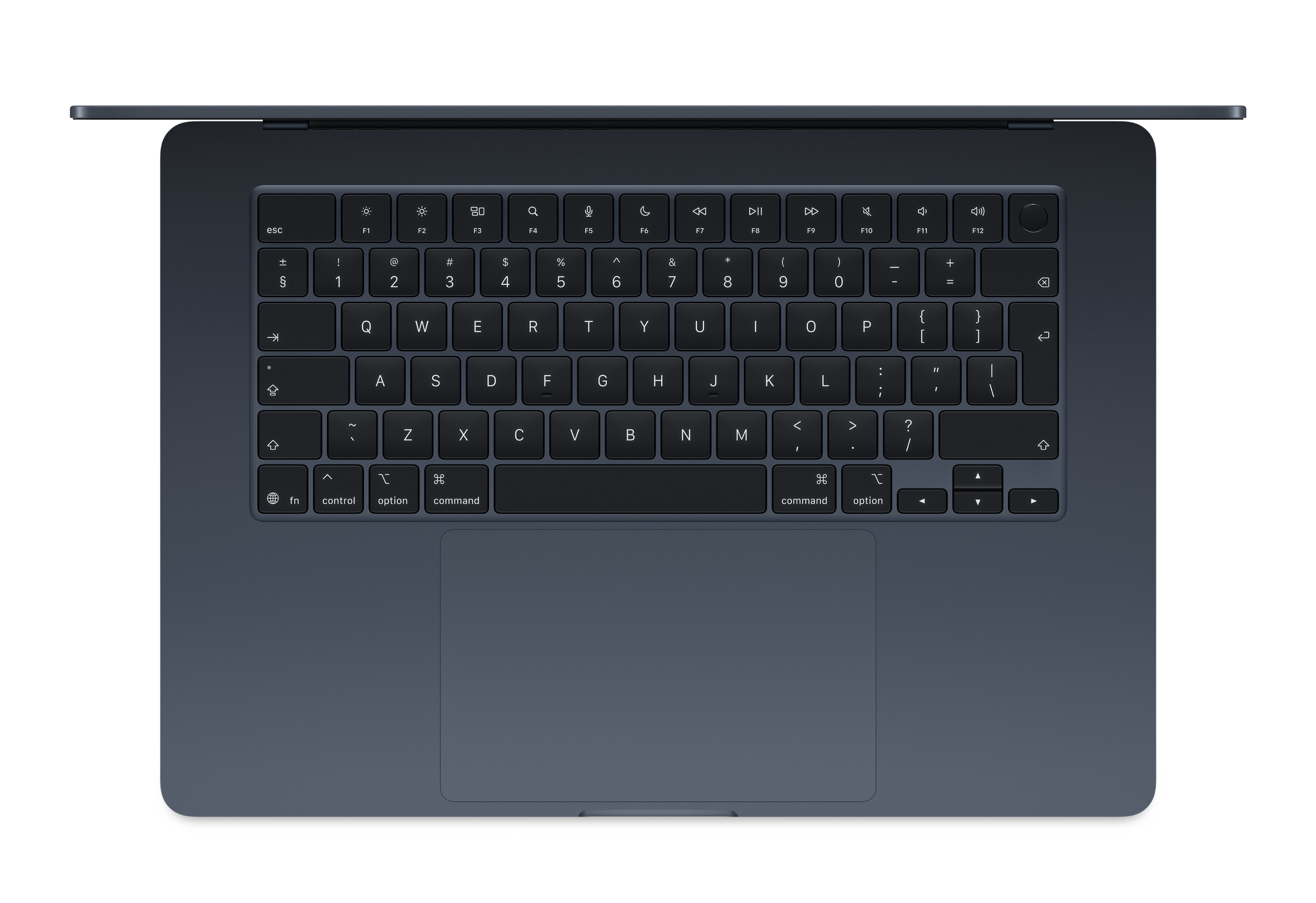 Widok z góry na ciemnoszary laptop z czarnymi klawiszami i panelem dotykowym na ciemnoszarym tle.