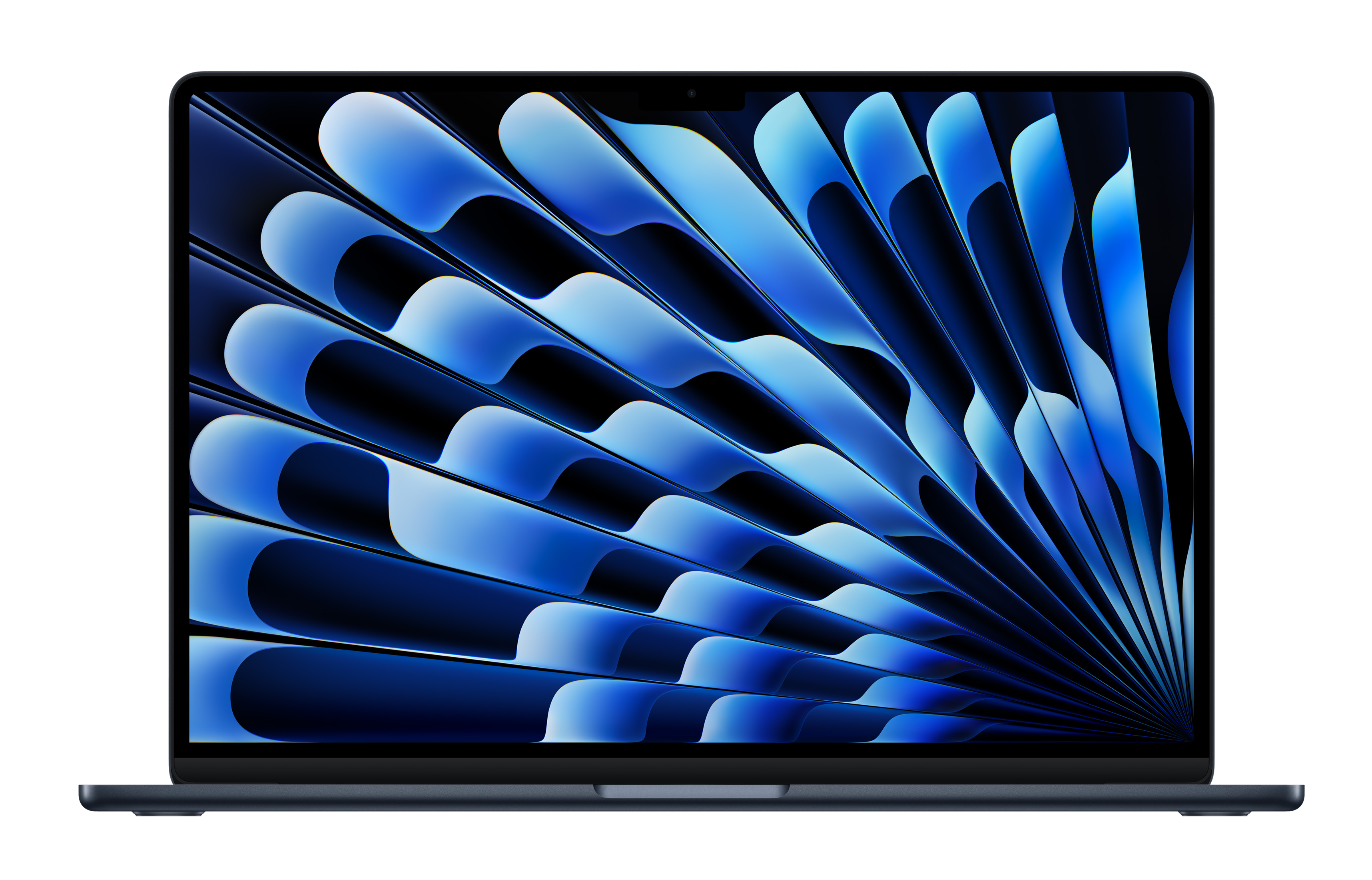 Laptop z niebieskim abstrakcyjnym wzorem na ekranie, czarna ramka, na czarnym tle.