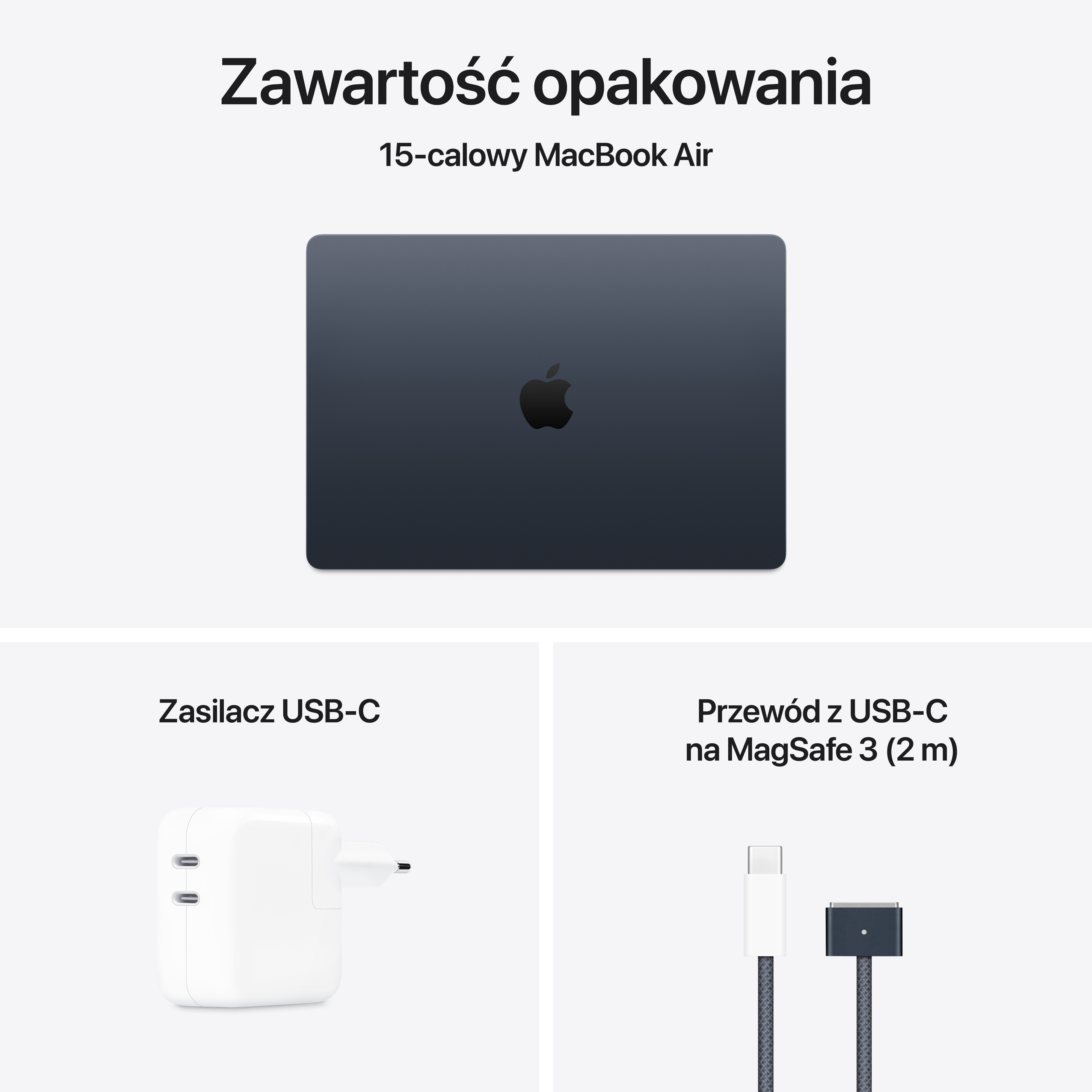 Zawartość pudełka ciemnoniebieskiego MacBooka Air. Zawiera laptopa, zasilacz i kabel ładujący.