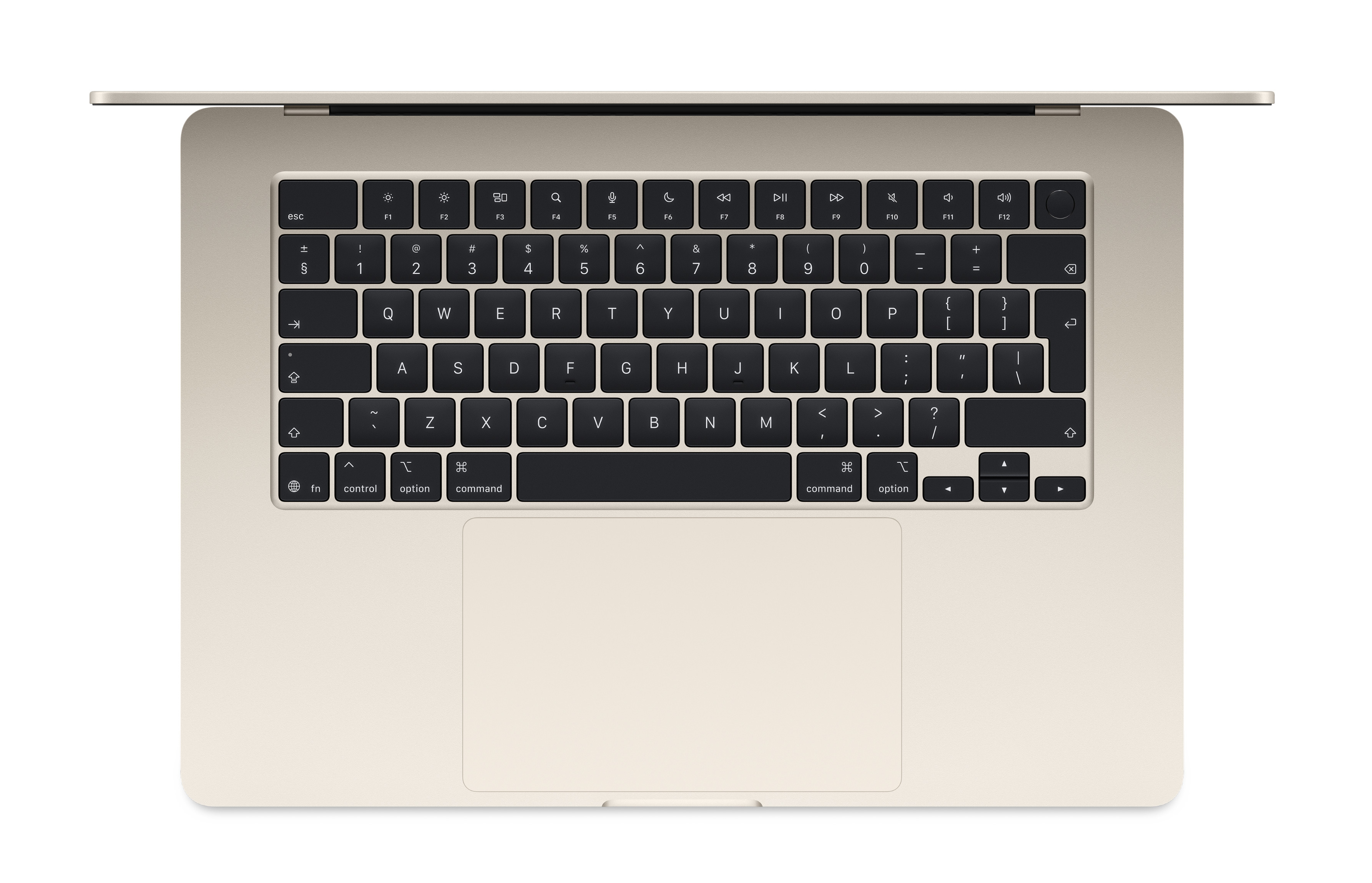 Klawiatura laptopa, widok z góry, z czarnymi klawiszami na beżowym tle. Białe tło.