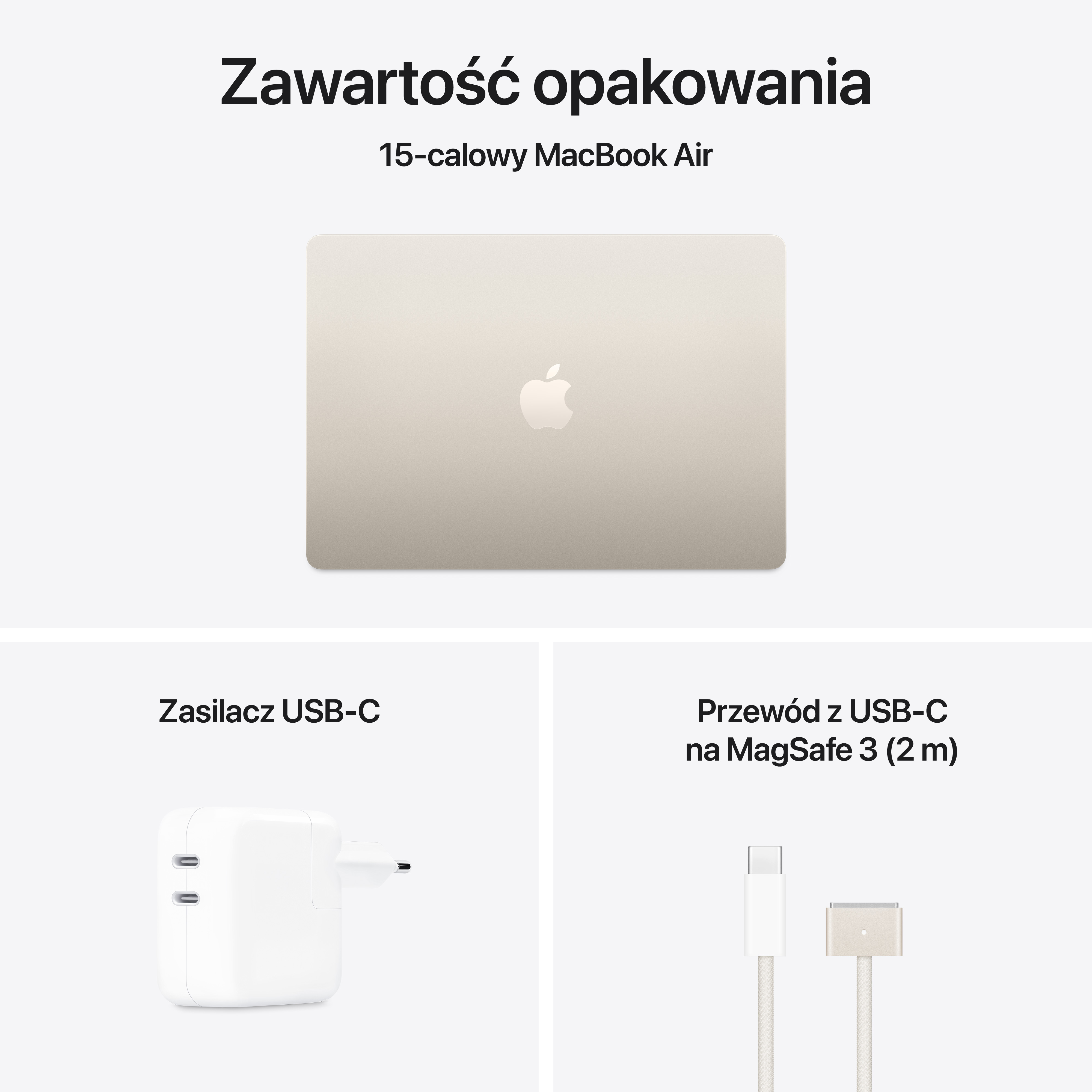 Obraz pokazuje zamkniętego laptopa, ładowarkę i kabel. Wszystkie elementy są białe, a laptop jest złoty.