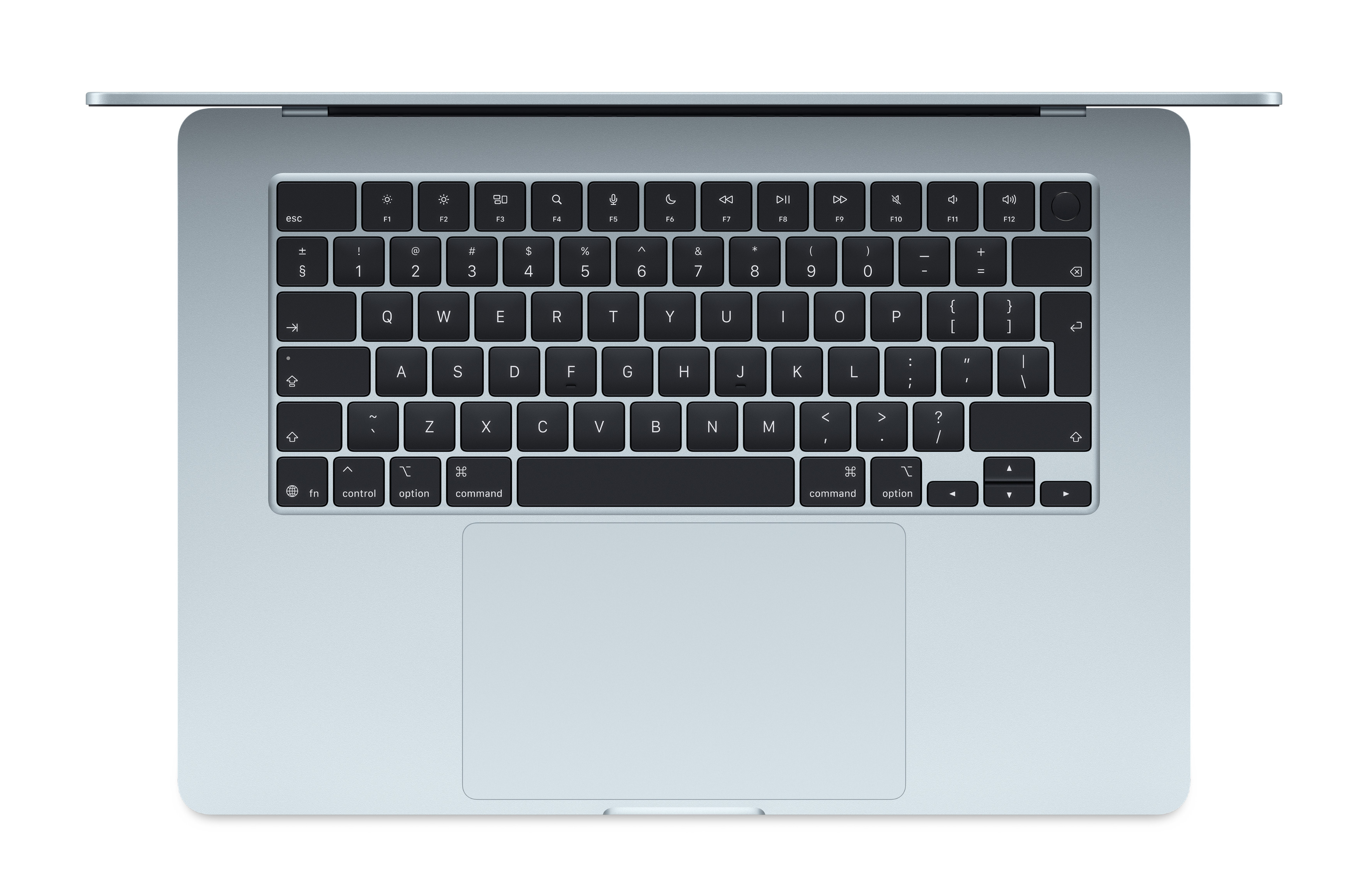 Widok z góry na jasnoniebieski laptop otwarty, pokazujący klawiaturę i gładzik, białe tło.