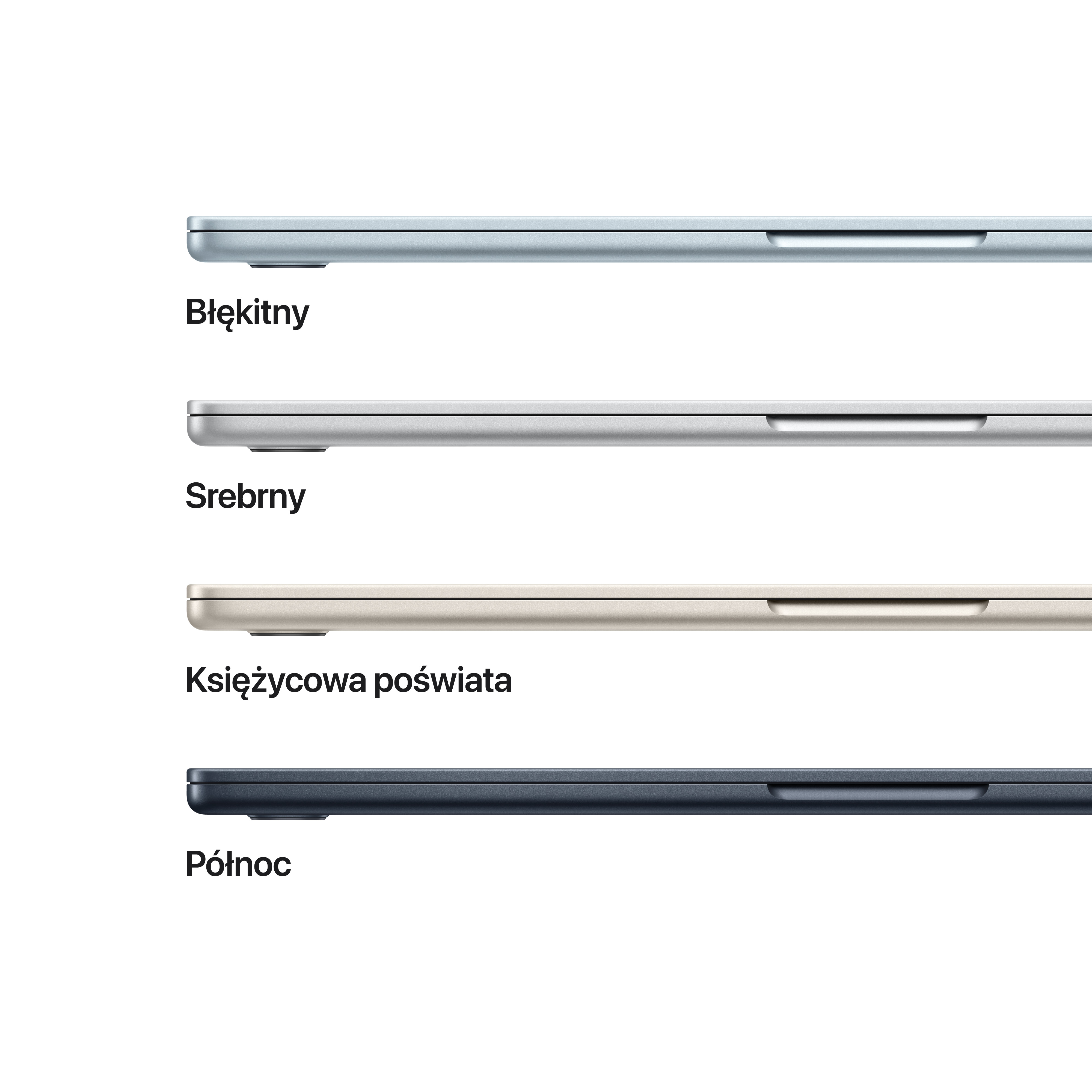 Cztery laptopy w różnych kolorach: niebieski, srebrny, beżowy i granatowy, widok z boku.