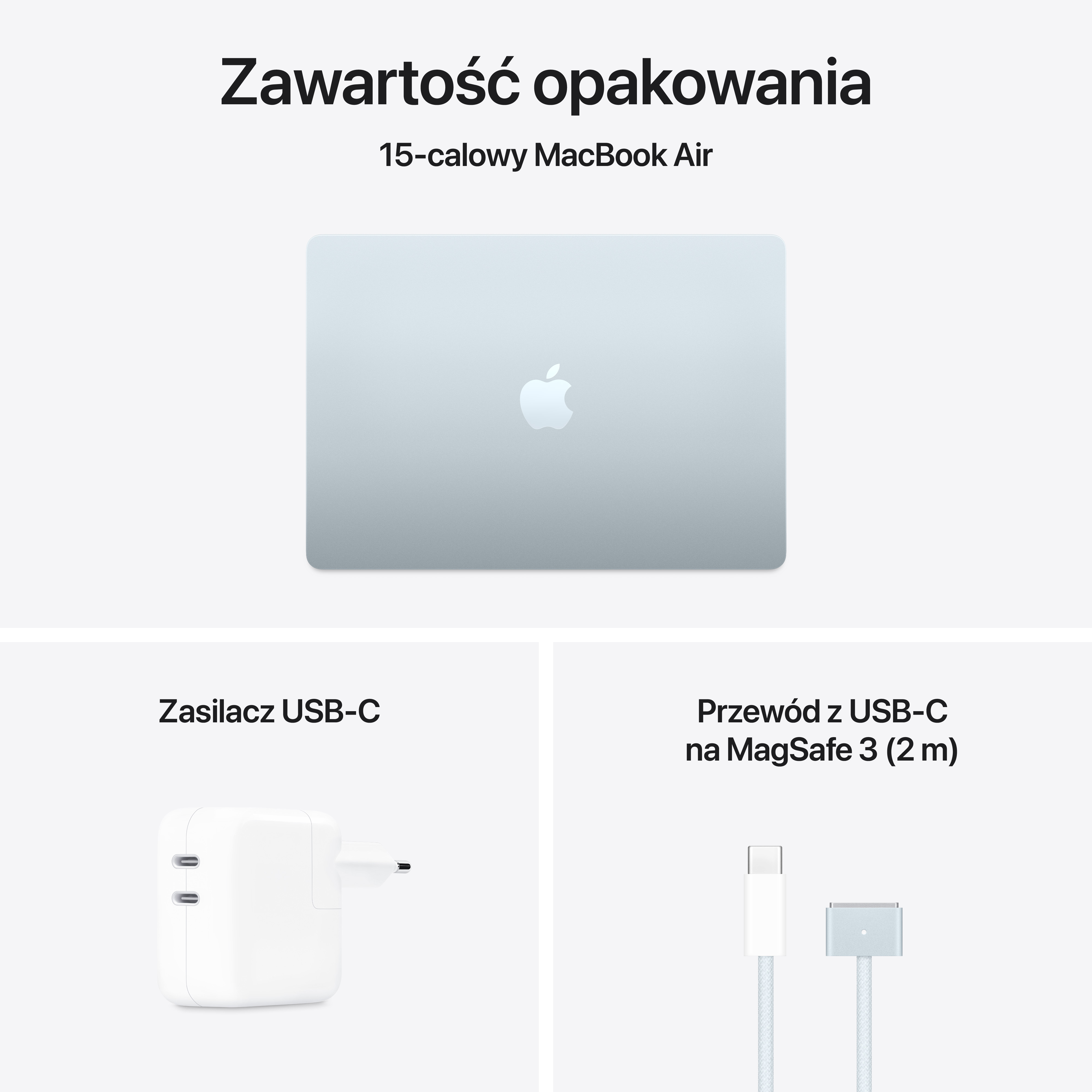 Opakowanie laptopa z ładowarką i kablem. Produkt to 15-calowy MacBook Air.