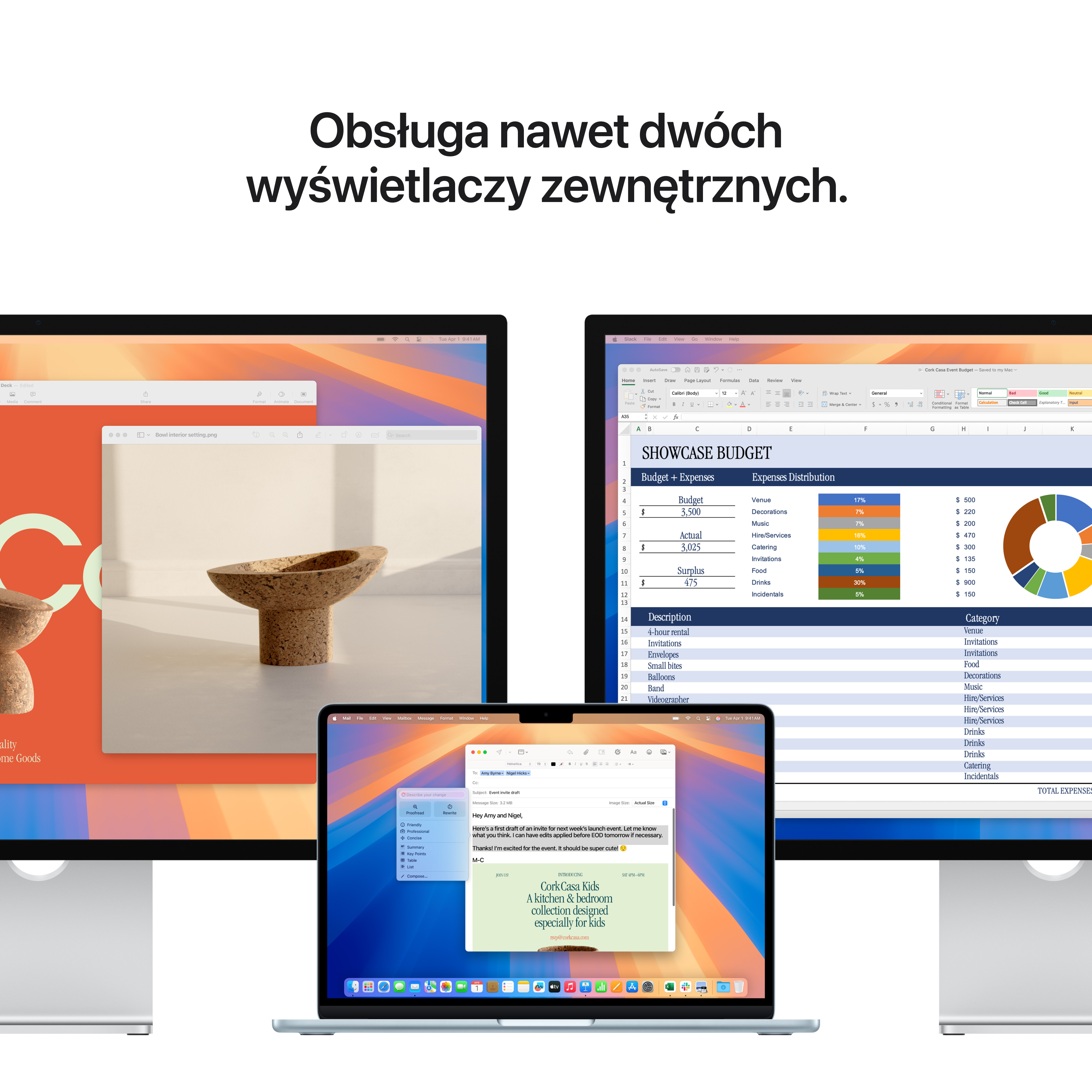 Dwa monitory i laptop wyświetlający różne treści. Obecny jest tekst 'Obsługa nawet dwóch wyświetlaczy zewnętrznych'.