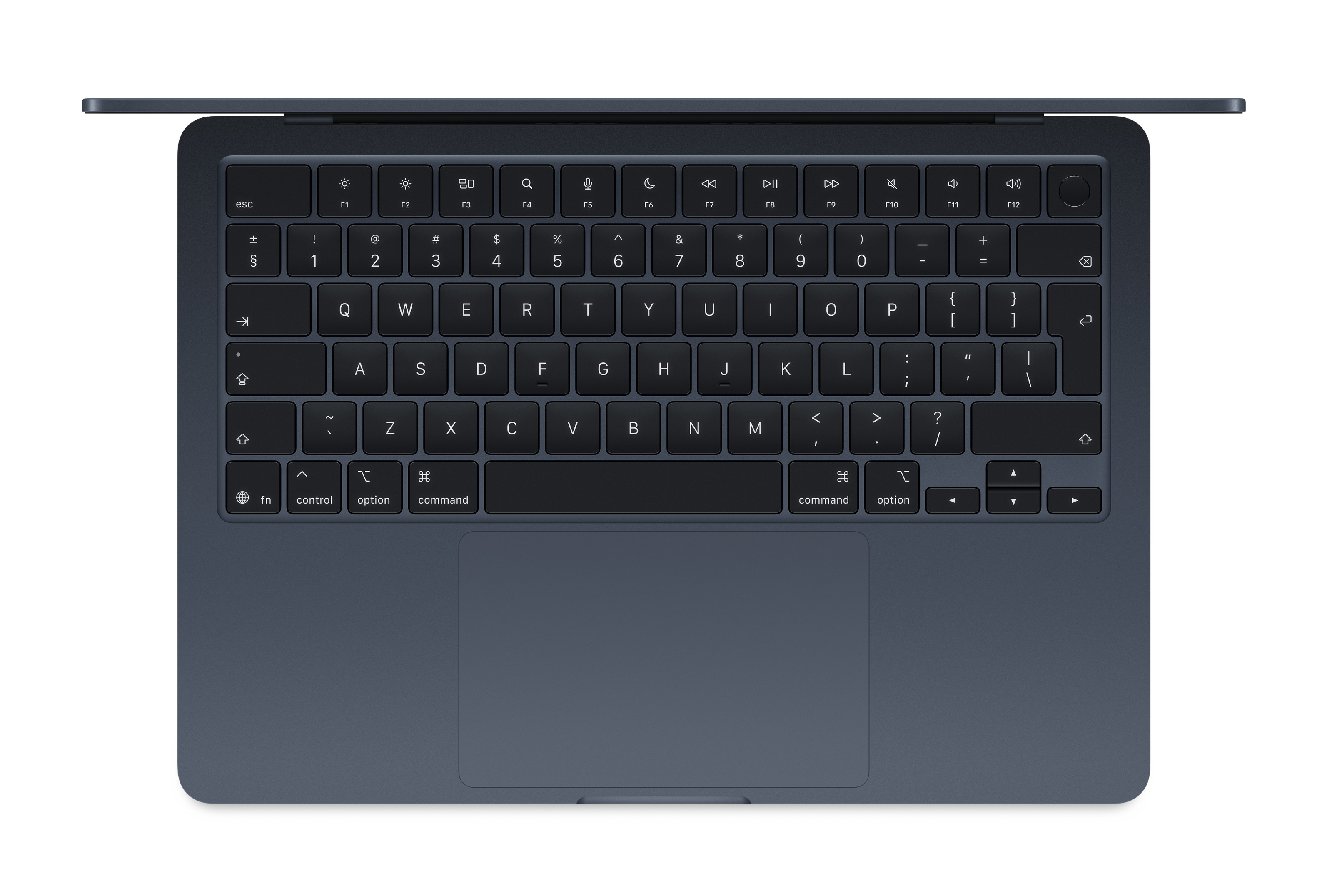 Widok z góry na klawiaturę laptopa, czarne klawisze na ciemnoniebieskiej powierzchni.