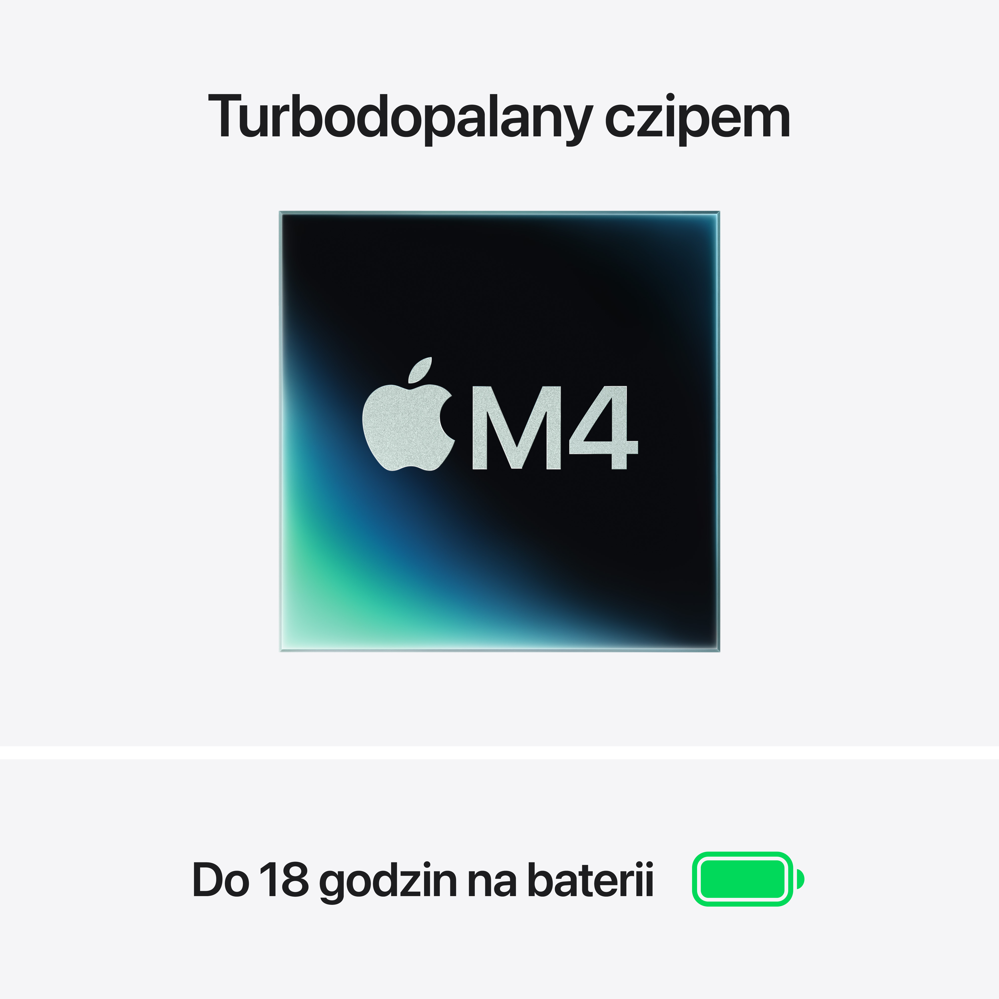 Obraz chipu M4 z logo Apple. Ikona baterii pokazująca 18 godzin pracy na baterii.
