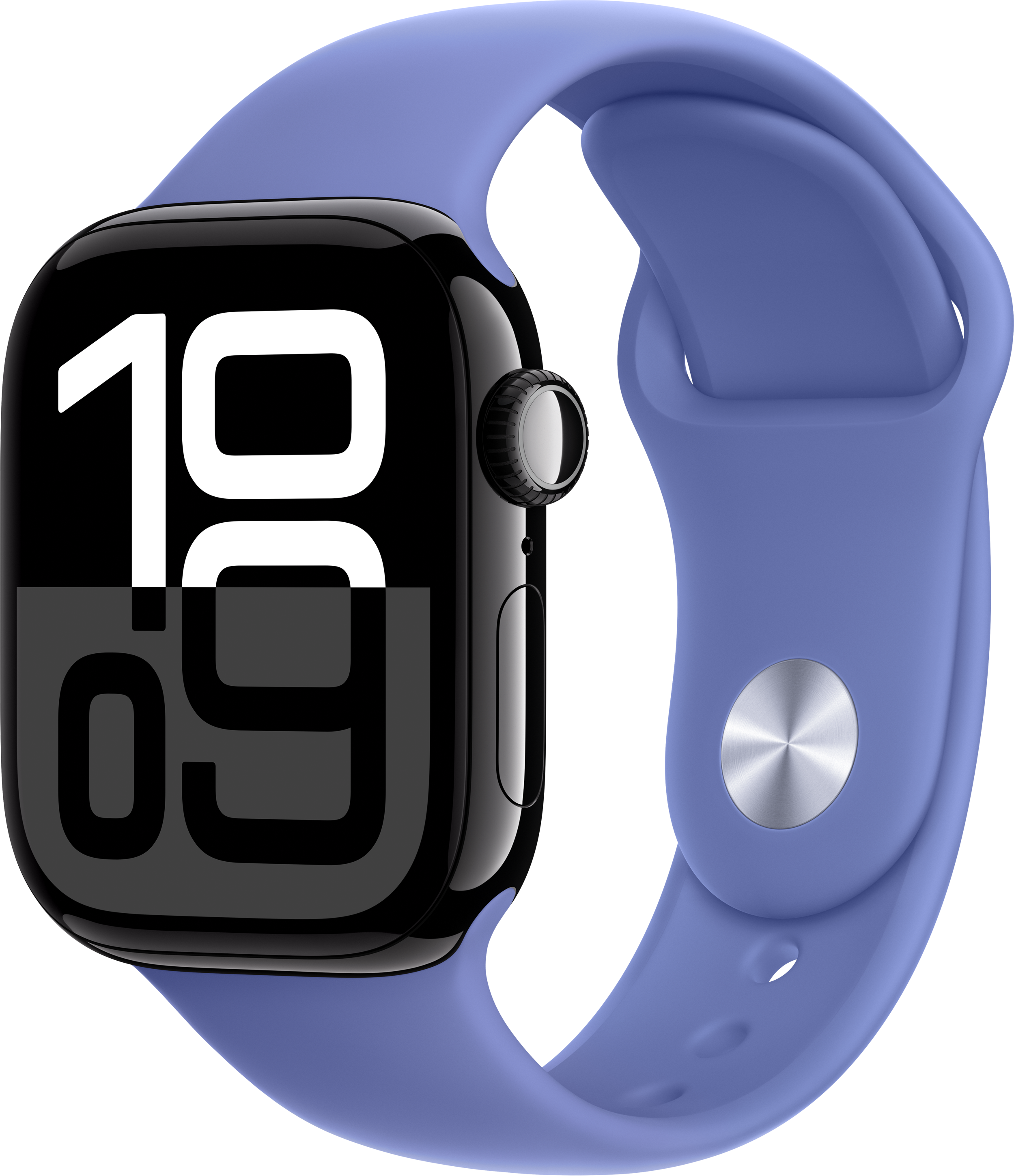Apple Watch mit blauem Armband, zeigt die Uhrzeit: 10:09.