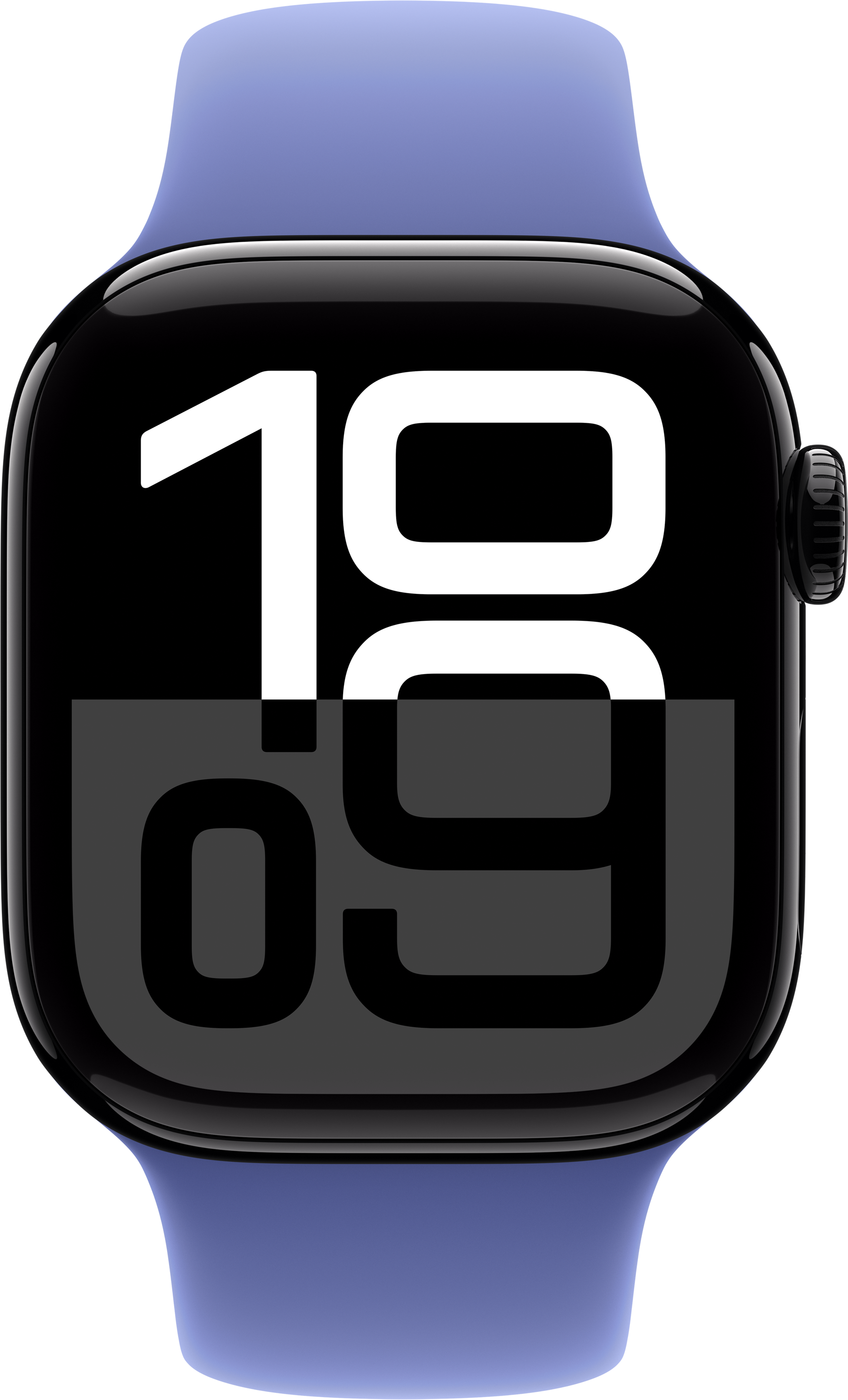Apple Watch mit blauem Armband zeigt die Uhrzeit: 19:09.