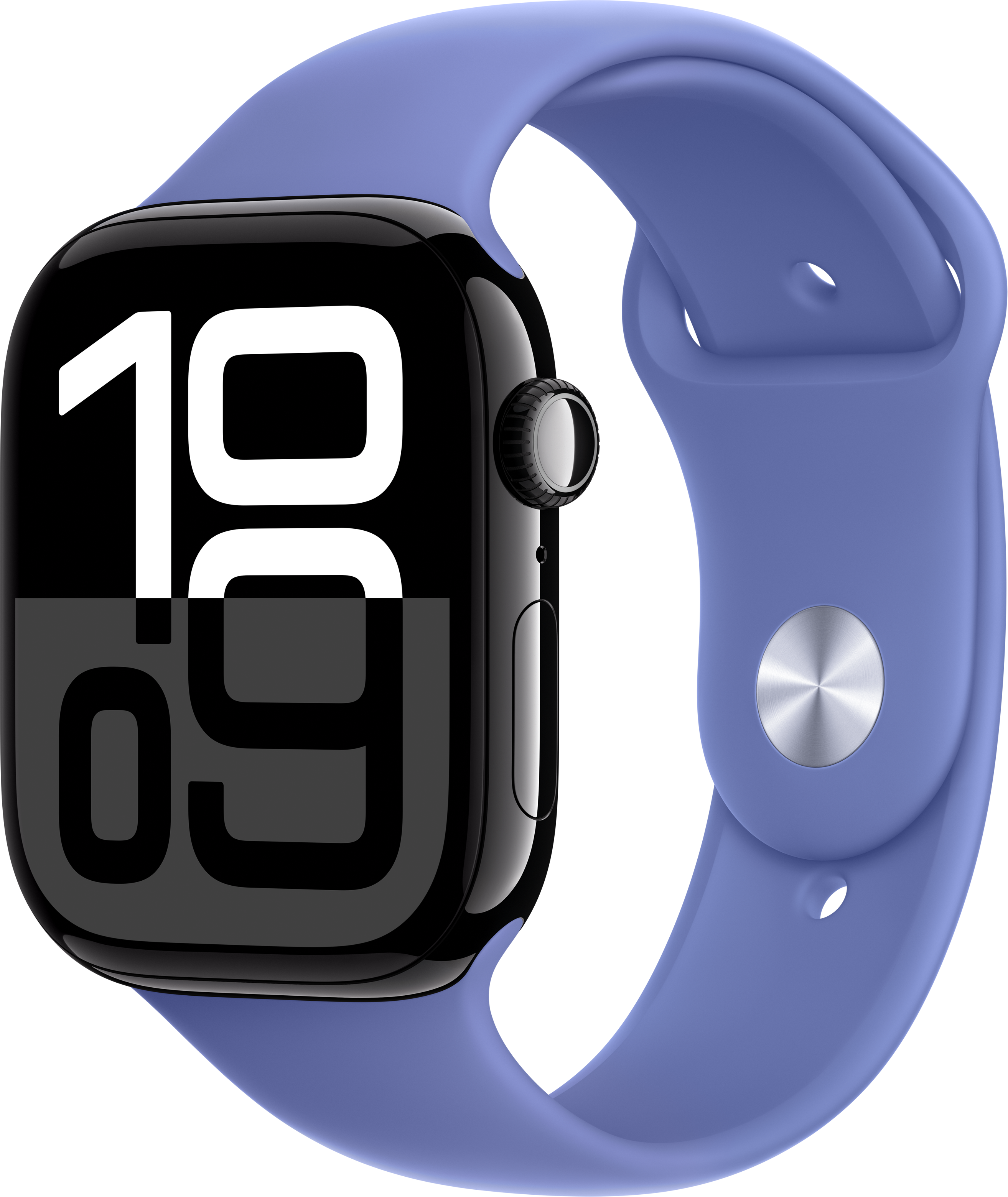 Schwarze Apple Watch mit blauem Armband. Die Uhr zeigt die Zeit 10:09.