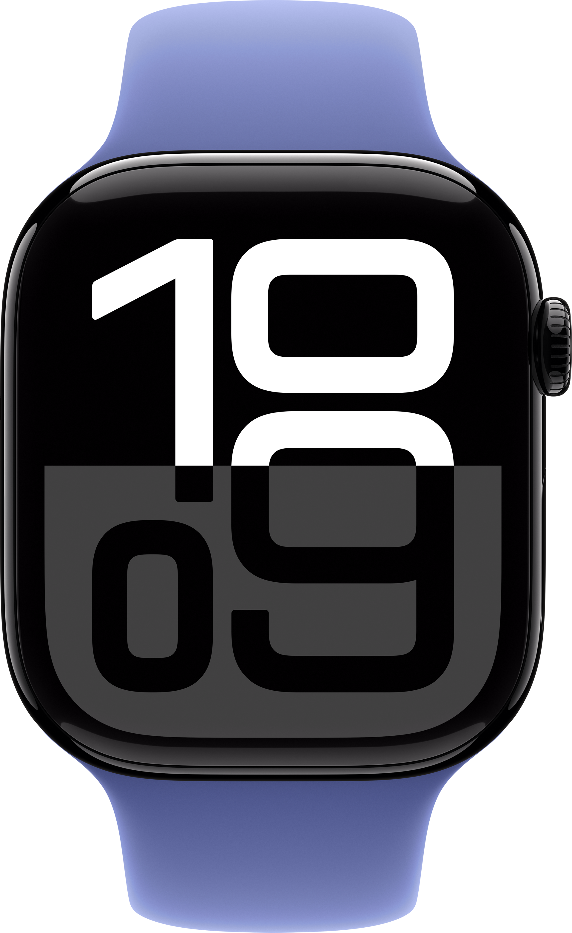 Apple Watch, schwarzer Bildschirm mit der Uhrzeit: 10:09, mit blauem Armband.