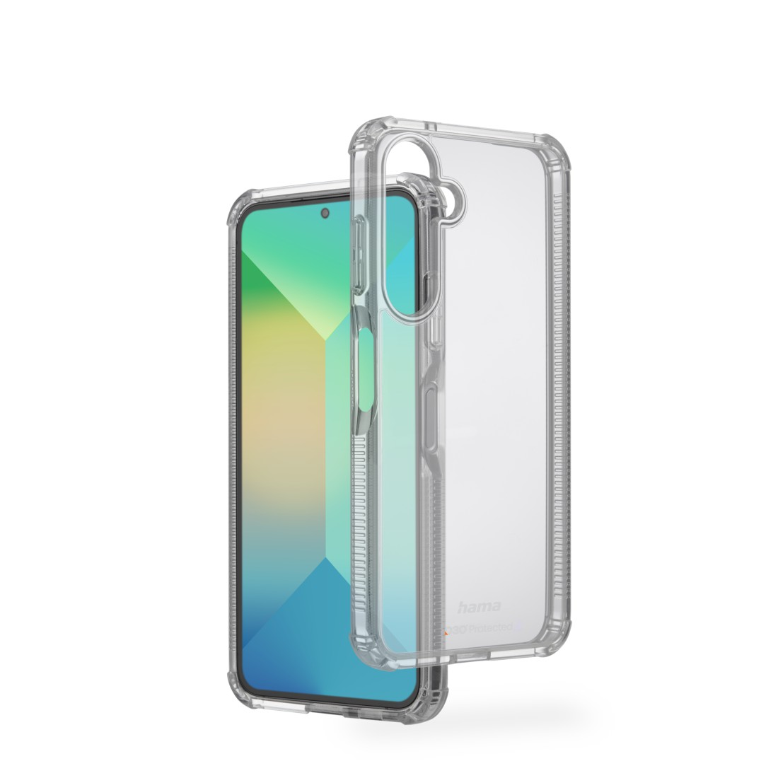 Transparente Handyhülle mit Telefon, vor weißem Hintergrund.
