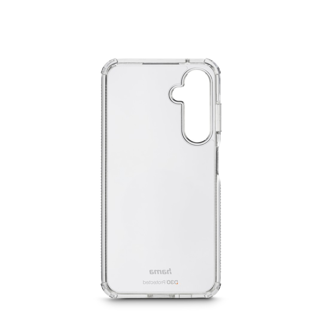 Eine transparente Schutzhülle für ein Telefon mit erhöhtem Rand und Kameraausschnitt auf weißem Hintergrund.