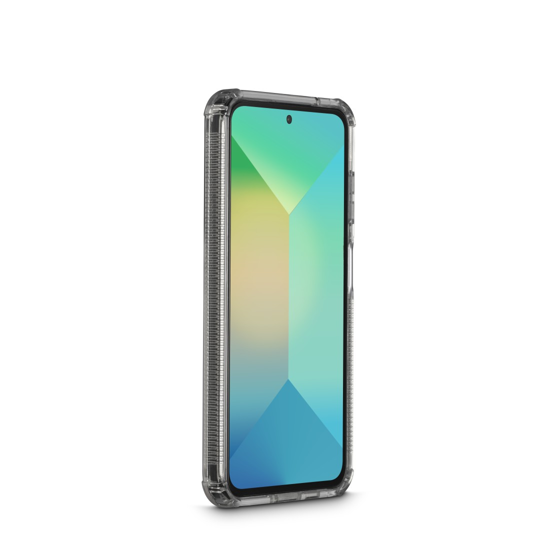 Ein Smartphone in einer transparenten Hülle. Der Bildschirm zeigt ein blau-gelbes geometrisches Muster.