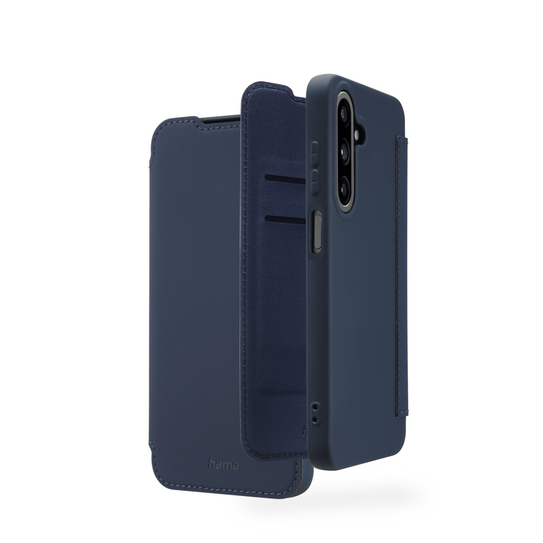 Blaue Handyhülle, geöffnet, Innenraum und Handy zeigend, mit sichtbarem Geldfach.
