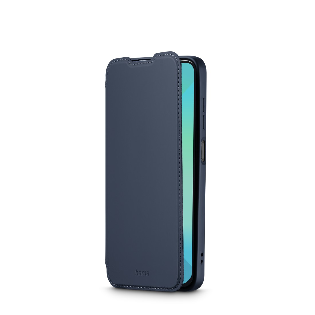 Blaue Handyhülle mit Telefon, vor weißem Hintergrund.