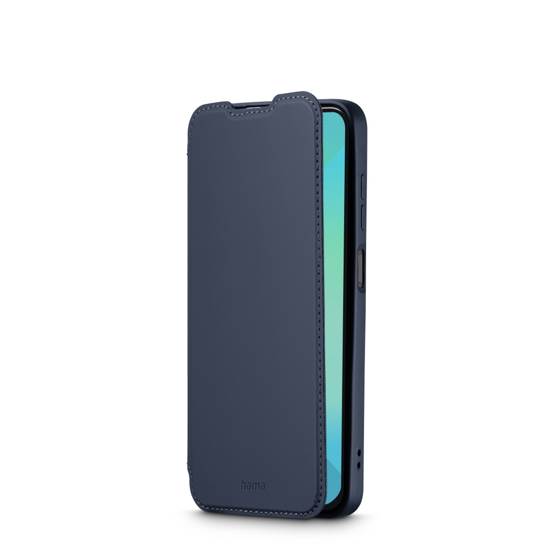 Blaue Handyhülle geöffnet. Telefonbildschirm sichtbar. Weißer Hintergrund.