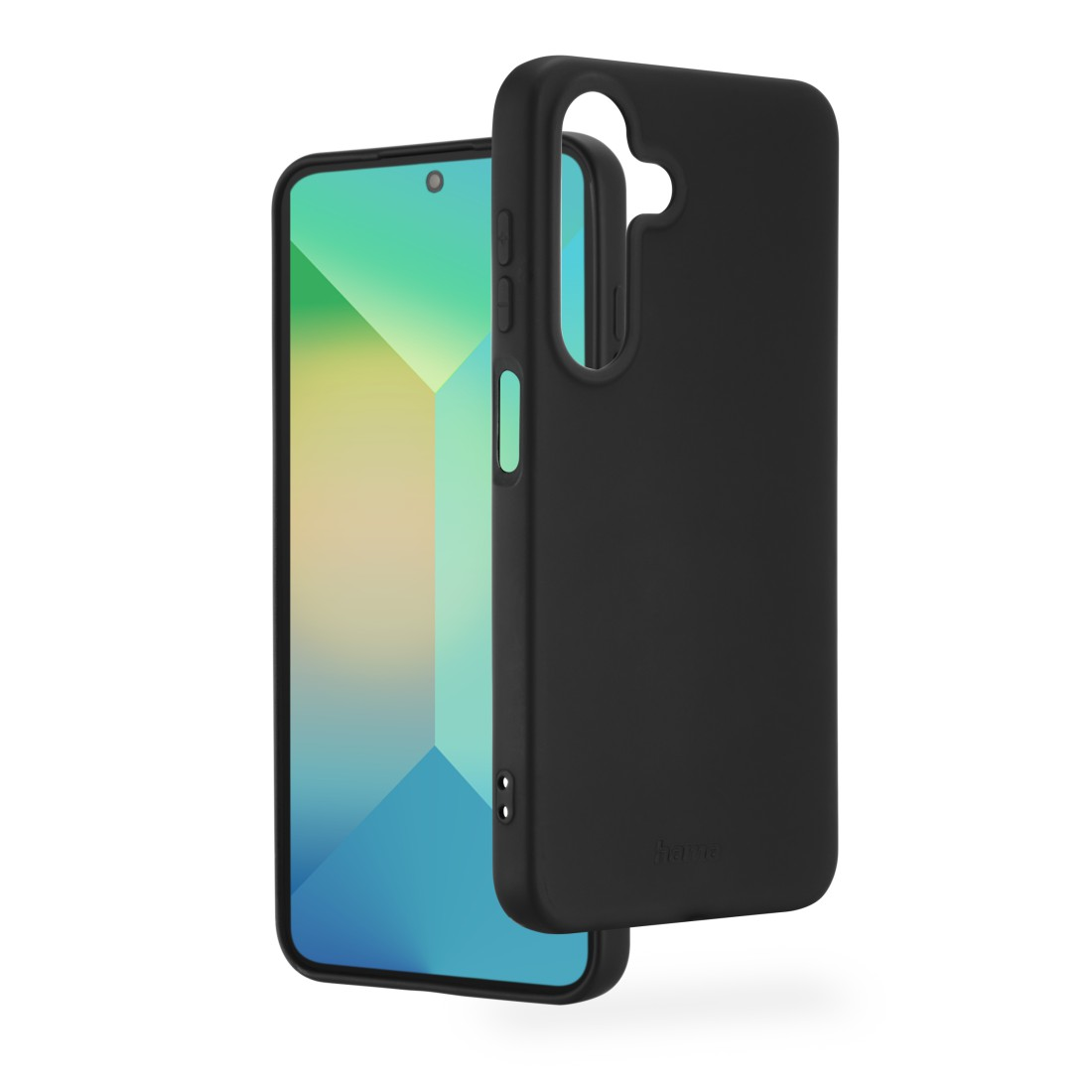 Eine schwarze Handyhülle offen, mit einem Telefon, das einen grünen Bildschirm zeigt.