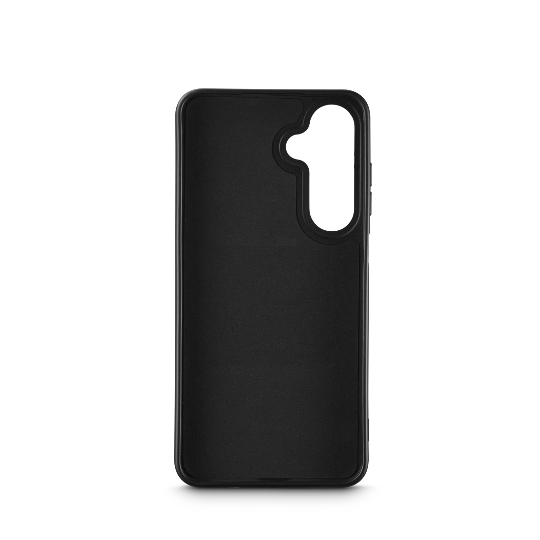 Eine schwarze Handyhülle ohne Telefon, die den Kameraausschnitt vor weißem Hintergrund zeigt.