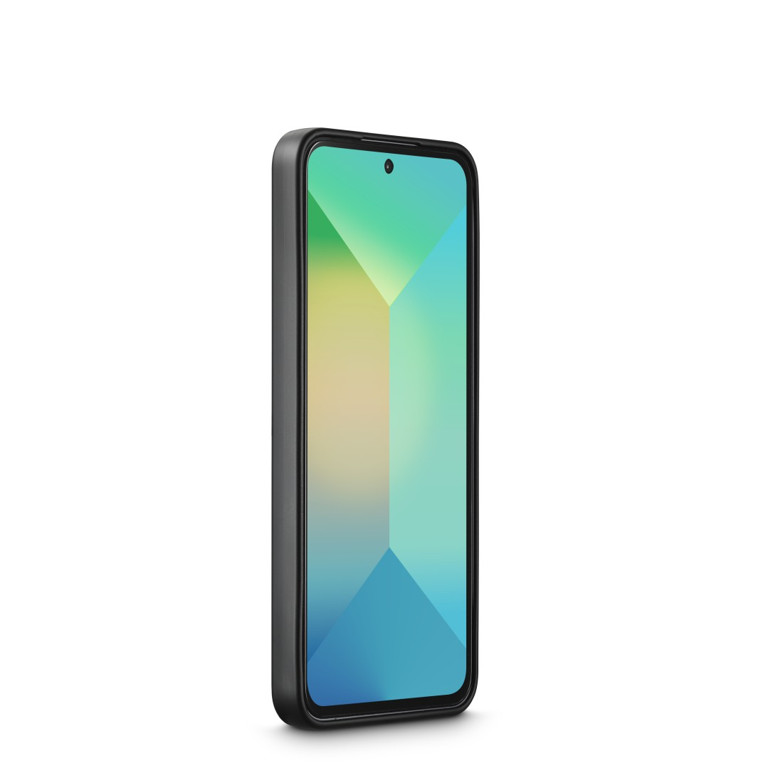 Ein schwarzes Smartphone mit farbigem Bildschirm und schwarzem Rahmen.