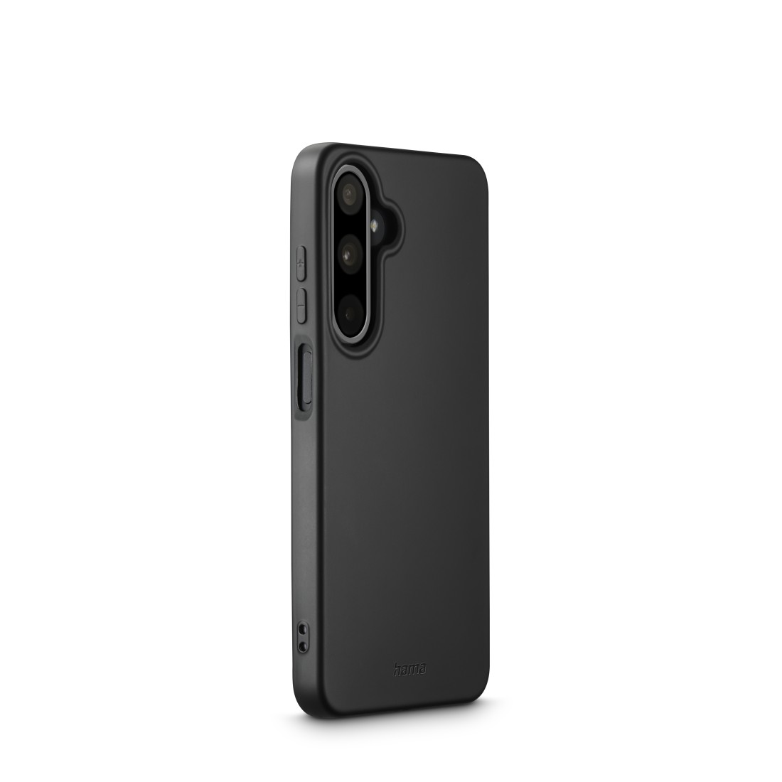 Schwarze Telefonhülle mit Kameraausschnitt. Die Hülle ist auf weißem Hintergrund.