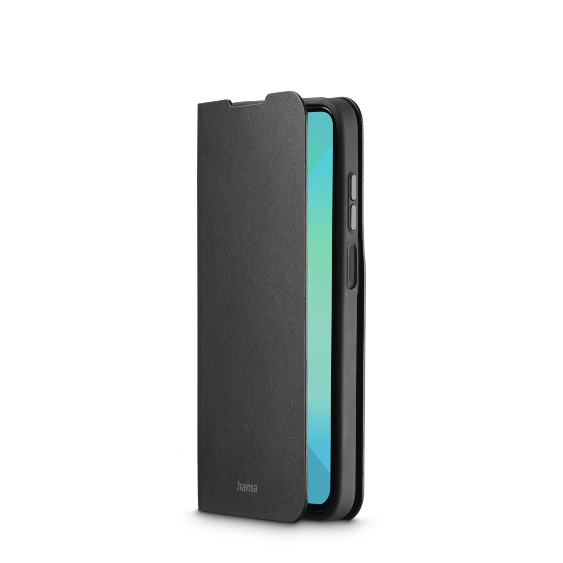 Schwarze Handyhülle, das Handy darin ist sichtbar, zeigt einen grünen Bildschirm.