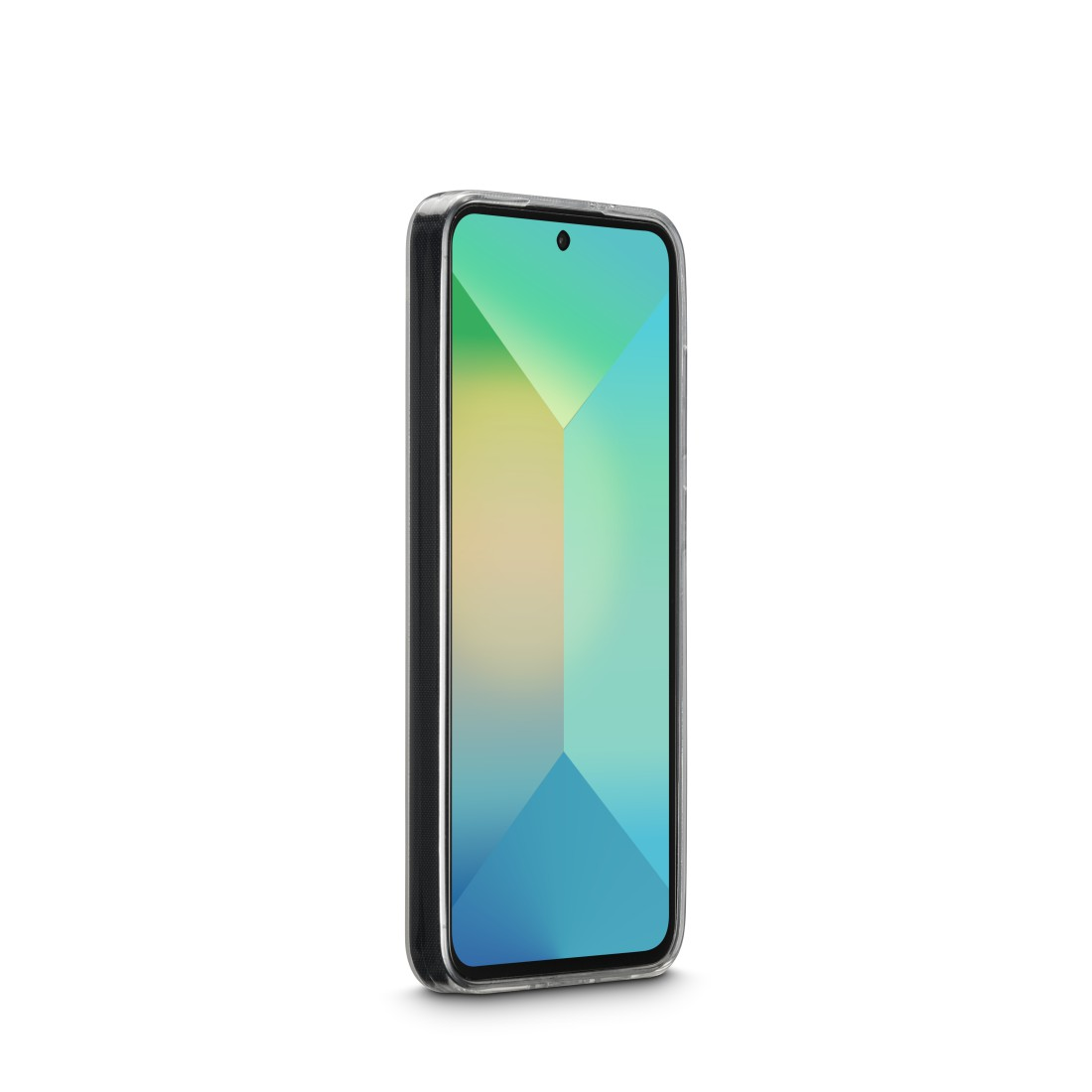 Smartphone in einer durchsichtigen Hülle mit farbenfrohem Design auf dem Bildschirm. Weißer Hintergrund.