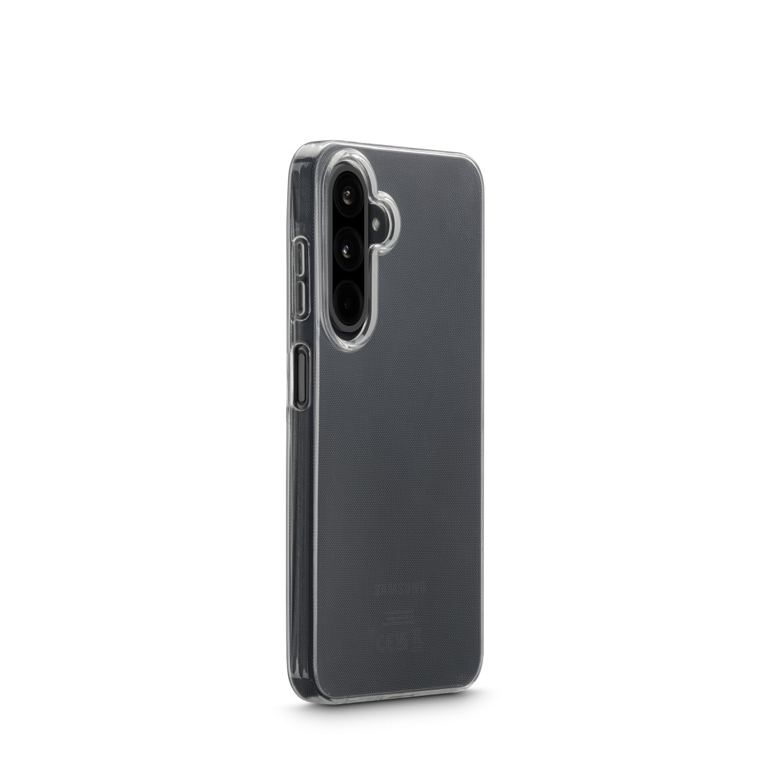 Ein Telefon in einer durchsichtigen Hülle, leicht angewinkelt. Die Hülle hat Kameraausschnitt.