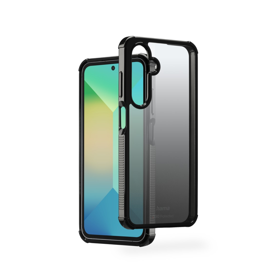 Schwarzer Rahmen, transparente Rückseite. Telefon mit grünem Bildschirm.