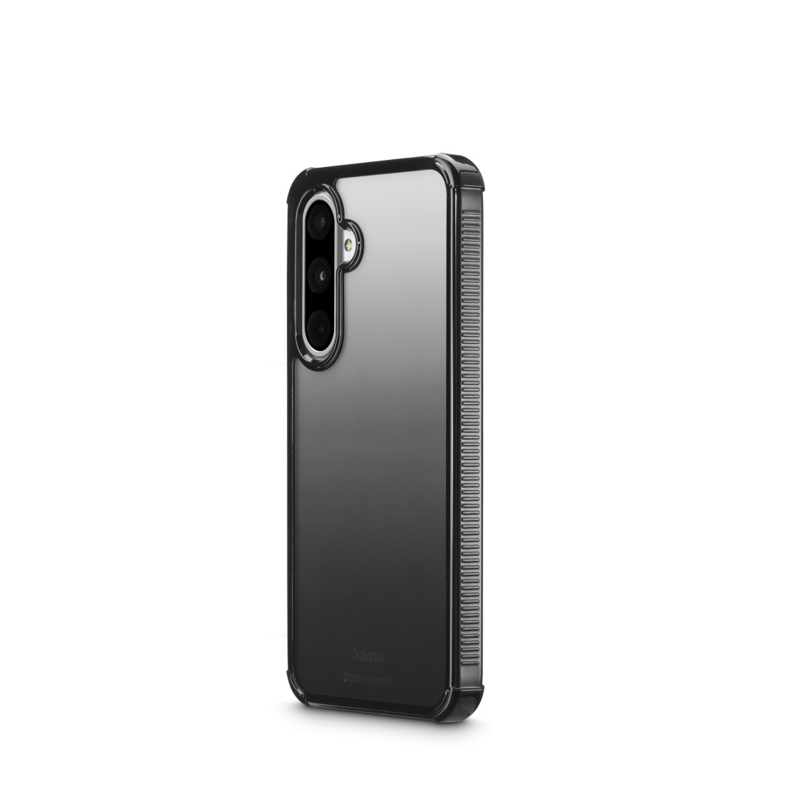 Smartphone-Hülle, schwarz mit transparentem Rücken und Schutzrippen an den Seiten.