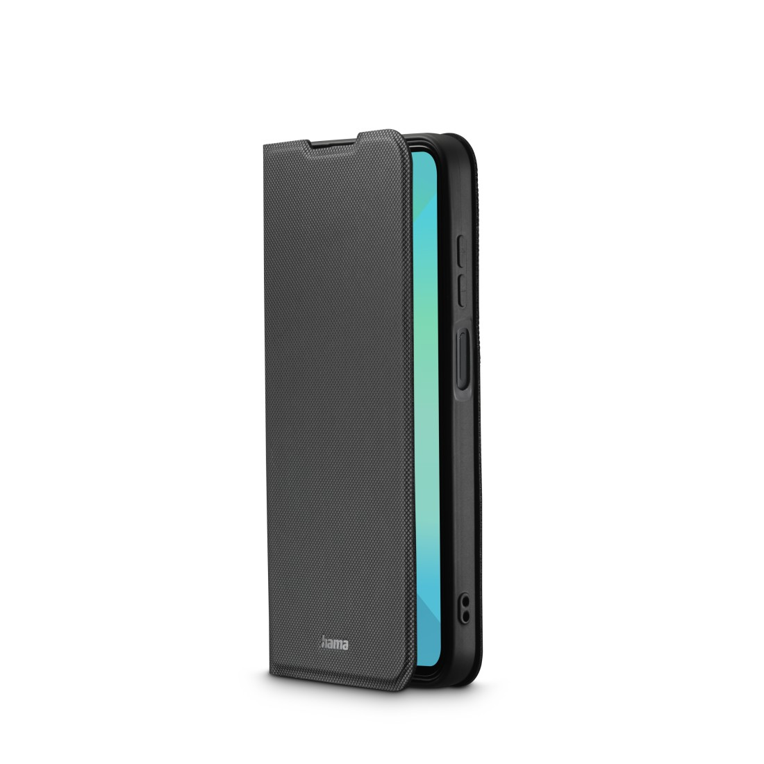 Schwarzes Telefon in schwarzer Hülle, Bildschirm mit weißem, abstraktem Design.