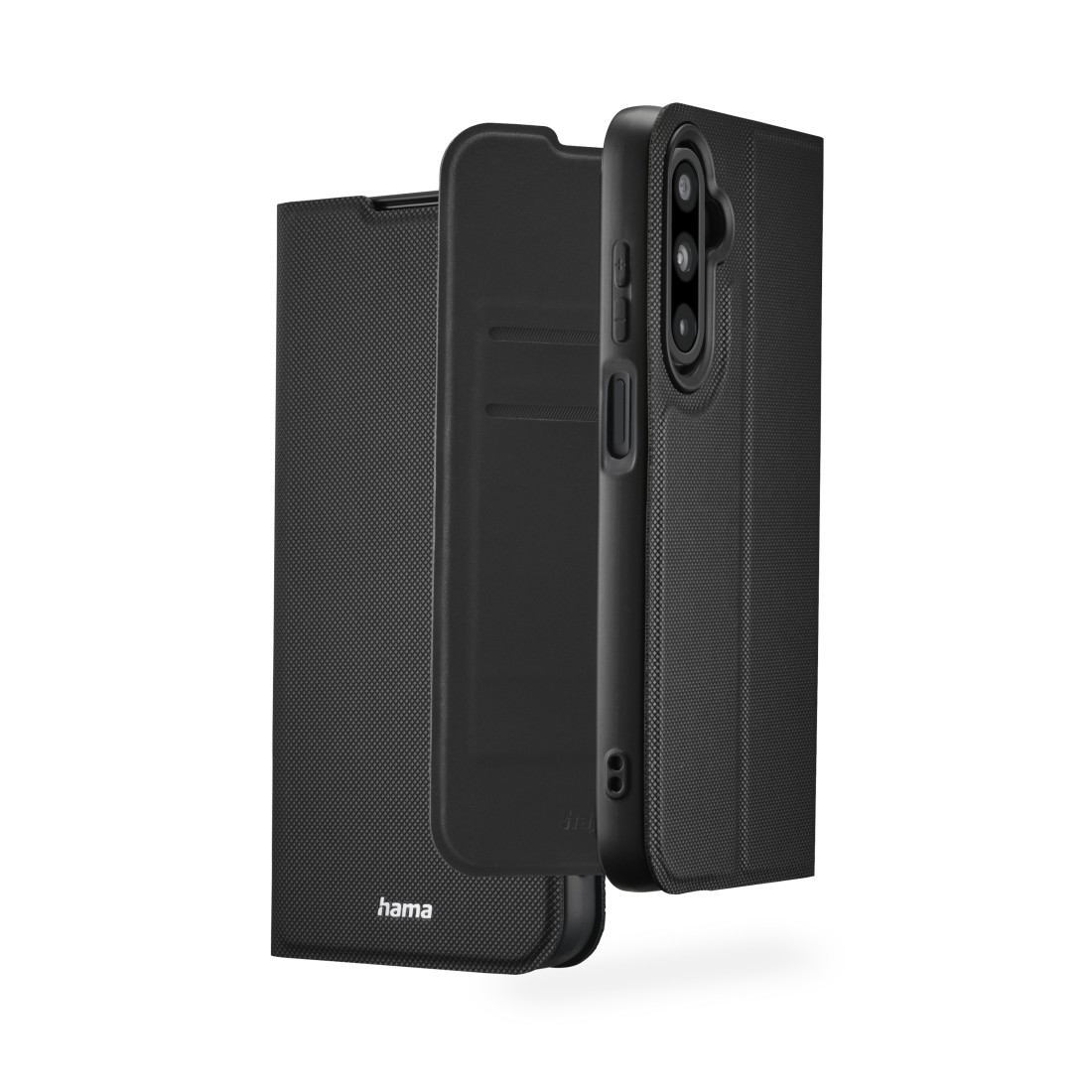 Geöffnete schwarze Handyhülle mit Handy, Kamera und Knöpfe sichtbar.