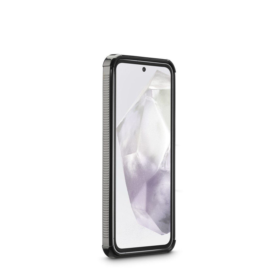 Ein schwarzes Telefon mit Schutzhülle, angewinkelt. Der Bildschirm zeigt ein hellfarbiges Design.