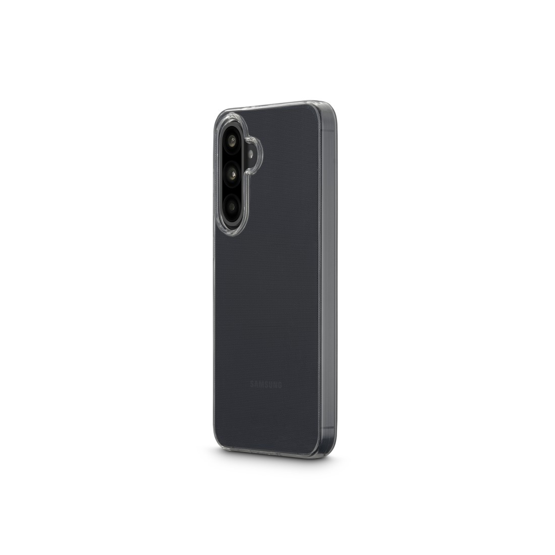 Ein Mobiltelefon in einer durchsichtigen Hülle, das die Rückseite und die Kamera des Telefons zeigt.