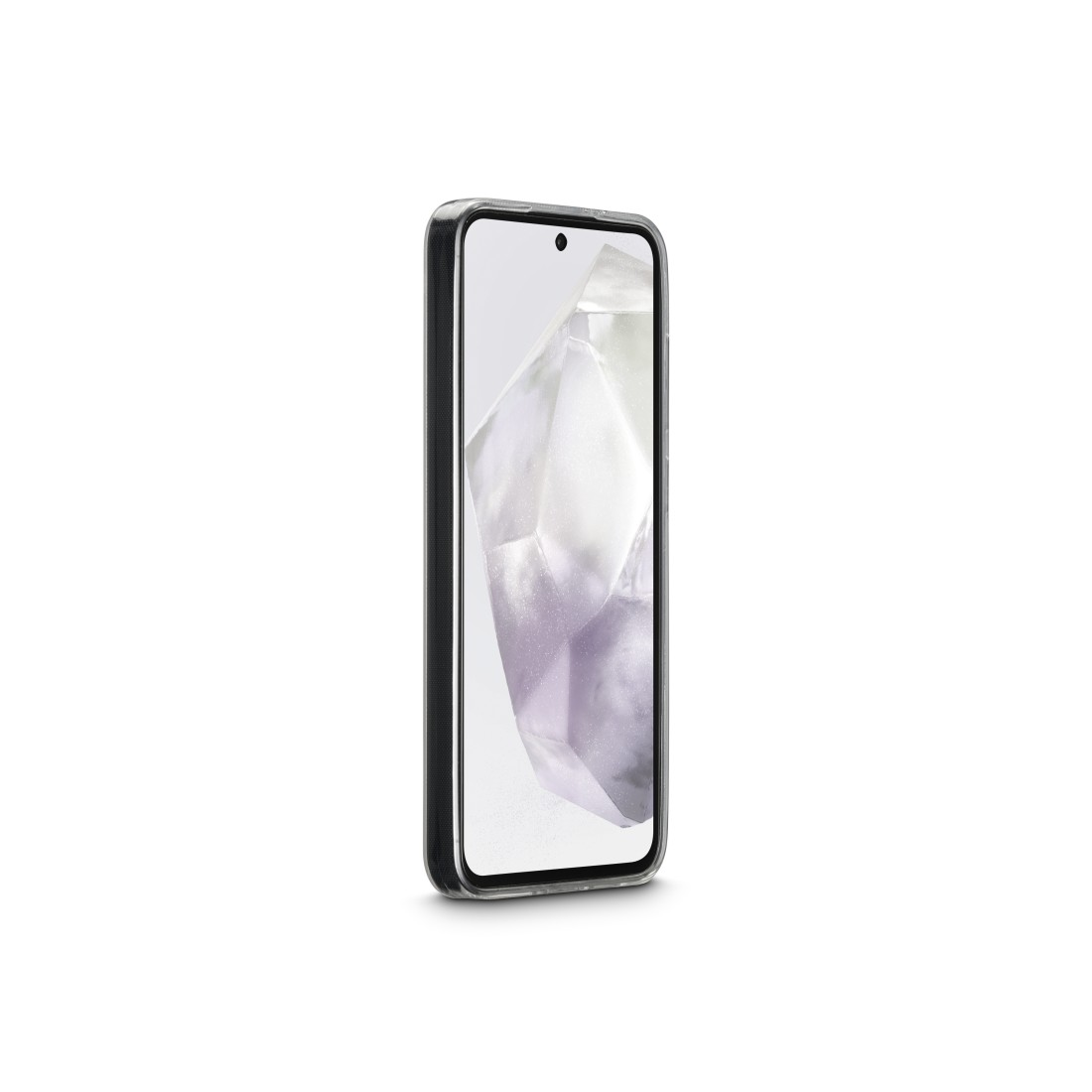 Smartphone in einem Gehäuse, weißer Hintergrund. Der Bildschirm zeigt ein abstraktes, mehrfarbiges Bild.