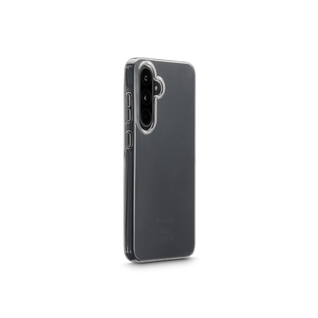 Transparente Handyhülle auf einem dunklen Telefon, zeigt die Kamera und die Rückseite des Telefons.