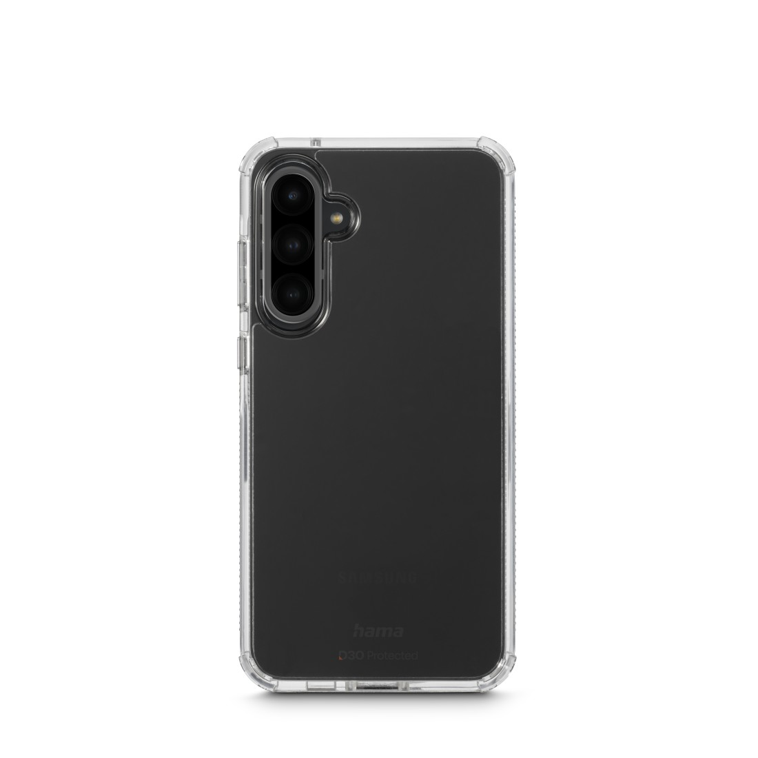 Transparente Handyhülle auf einem dunklen Telefon, zeigt Kamera und Rückseite mit 'hama'-Etikett.