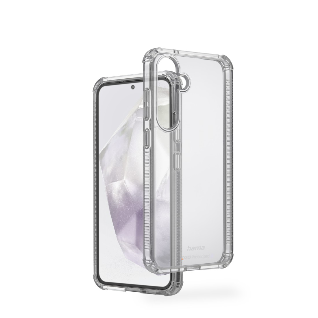 Eine transparente Handyhülle, die ein Smartphone auf weißem Hintergrund schützt.