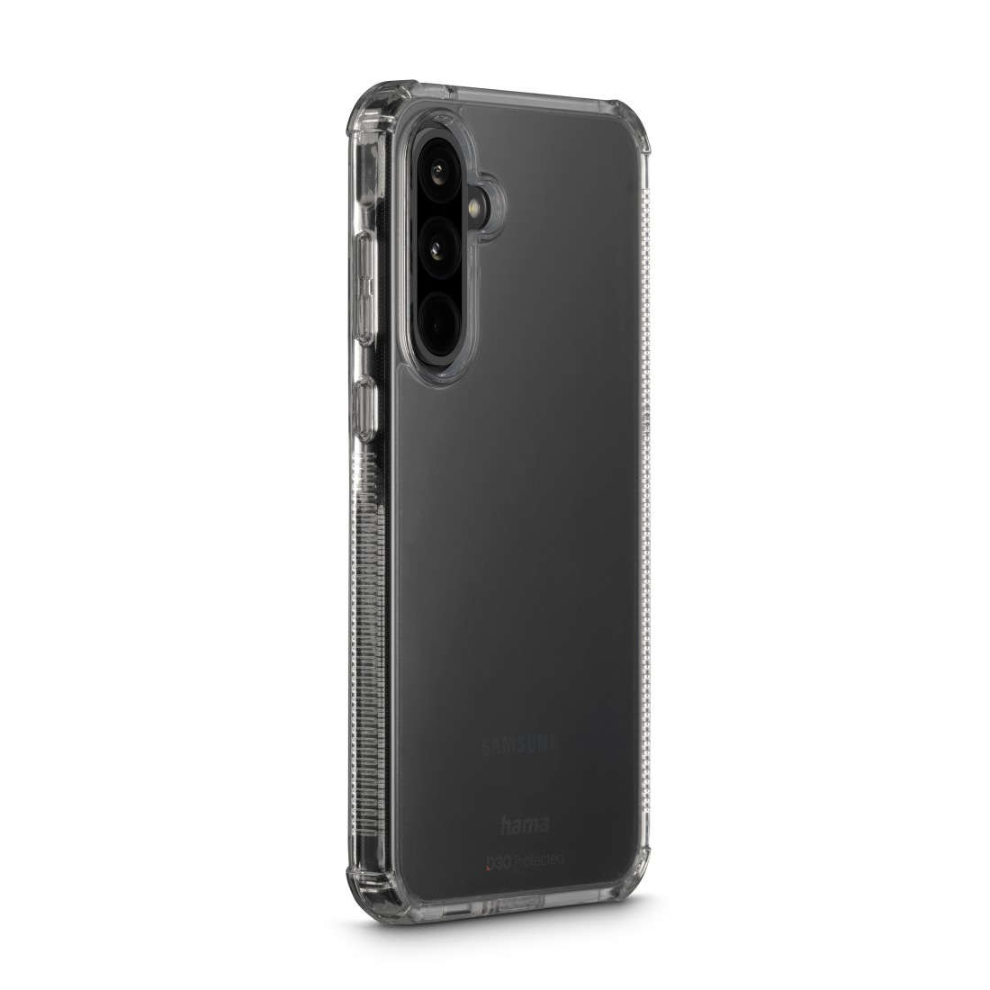 Eine transparente Handyhülle mit einem schwarzen Telefon. Das Telefon hat Kameras und Tasten.