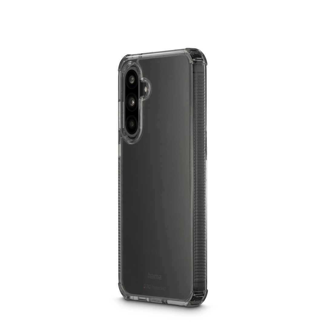 Transparente Handyhülle auf dunklem Telefon, Rückseite und Seiten zeigend, mit 'hama' beschriftet.