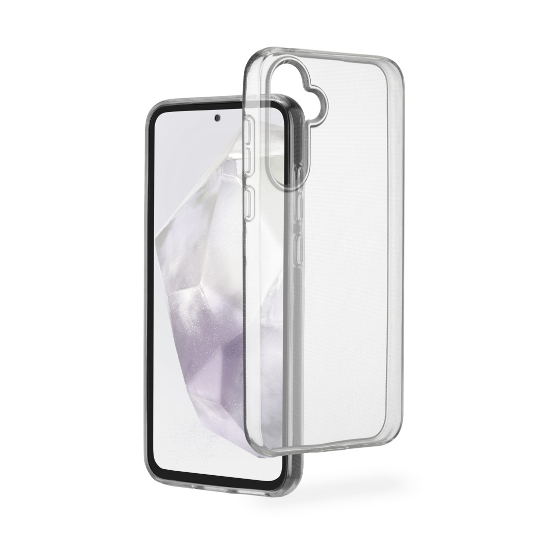 Transparente Handyhülle mit Telefon. Die Hülle ist abgenommen.