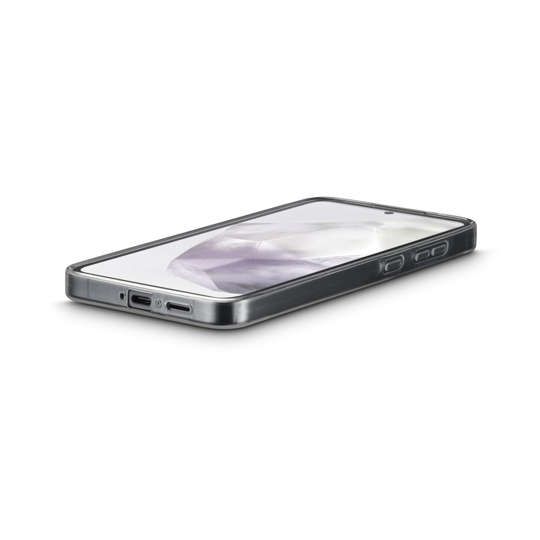 Ein Telefon in einer durchsichtigen Hülle, leicht abgewinkelt, zeigt den Bildschirm mit hellem Hintergrund.