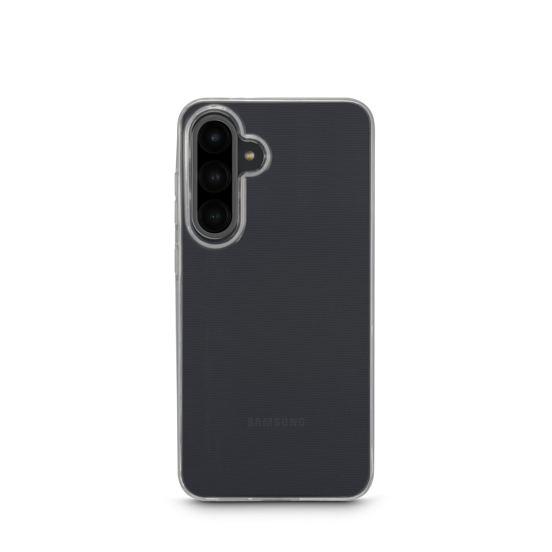 Eine schwarze Handyhülle mit strukturiertem Design, die die Rückseite eines Telefons mit Kameralinsen zeigt.