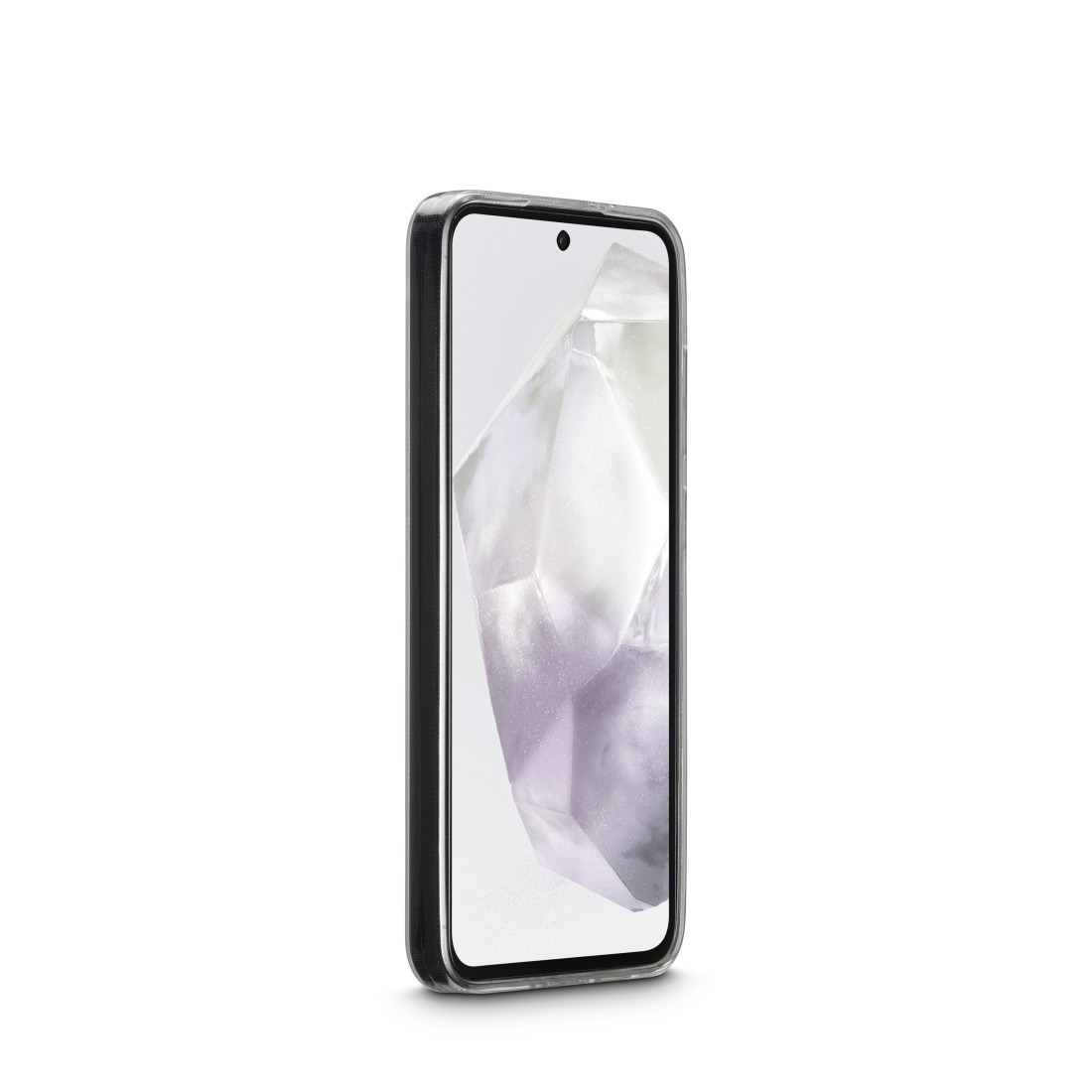 Telefon in einer transparenten Hülle, zeigt ein hellfarbiges Design auf der Rückseite.