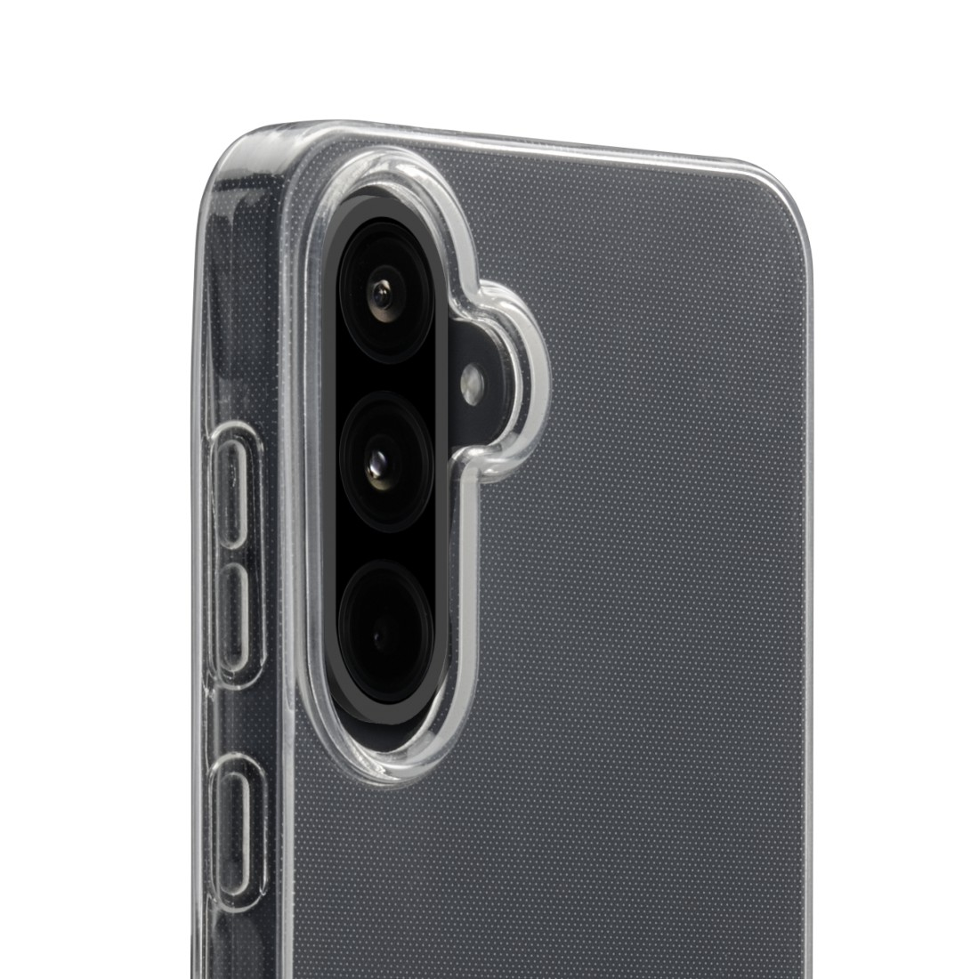 Nahaufnahme eines Smartphone-Kameramoduls mit drei Linsen und einer transparenten Schutzhülle.