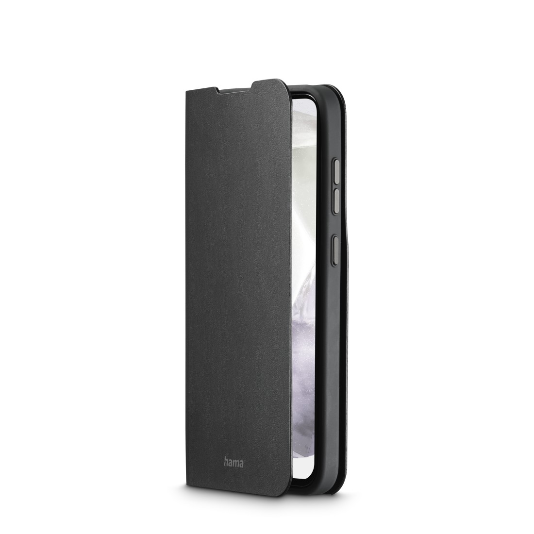 Schwarzes Telefon in einer schwarzen Hülle. Die Hülle ist geöffnet.