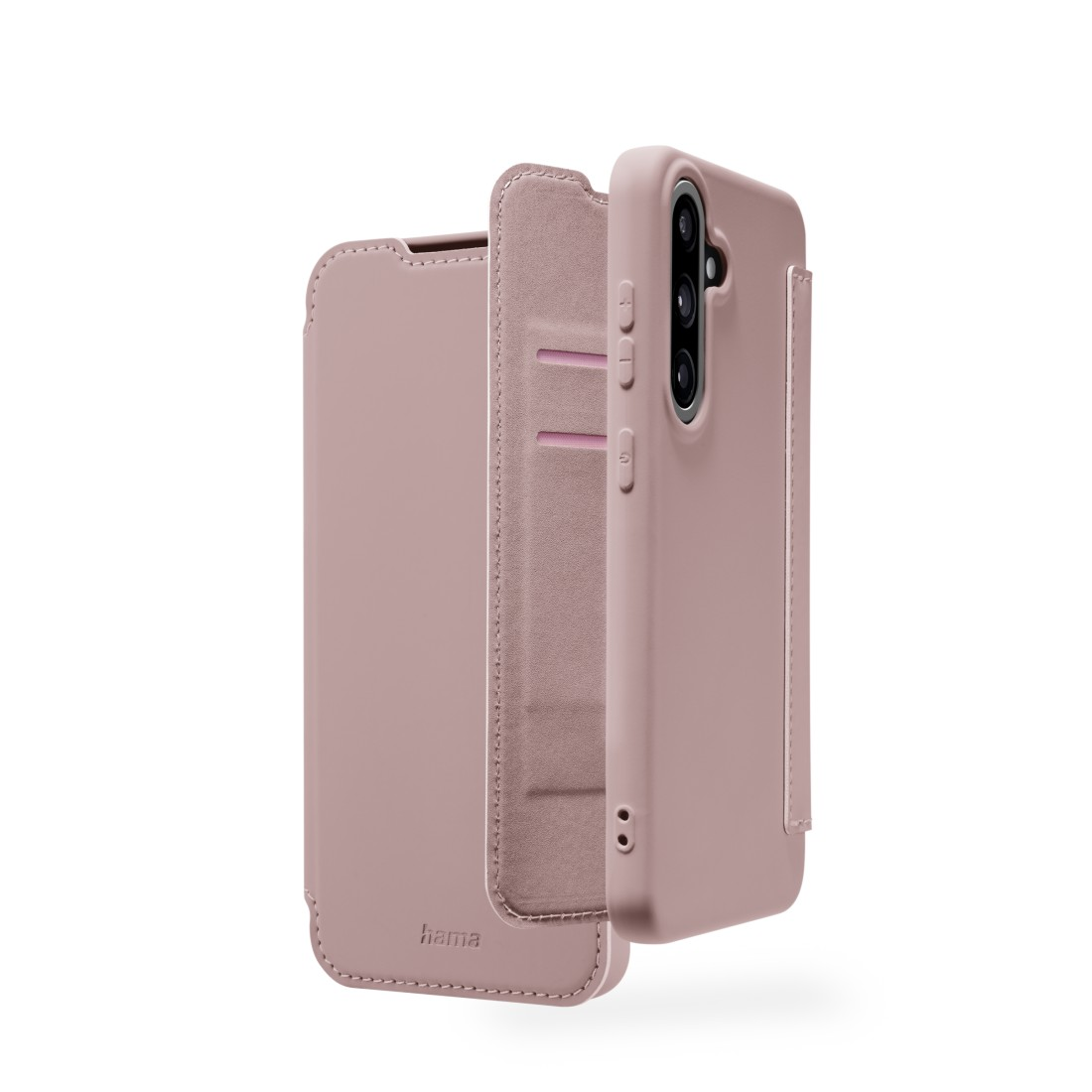 Eine pinkfarbene Handyhülle mit Folio-Design wird gezeigt. Sie hat eine separate Innentasche.